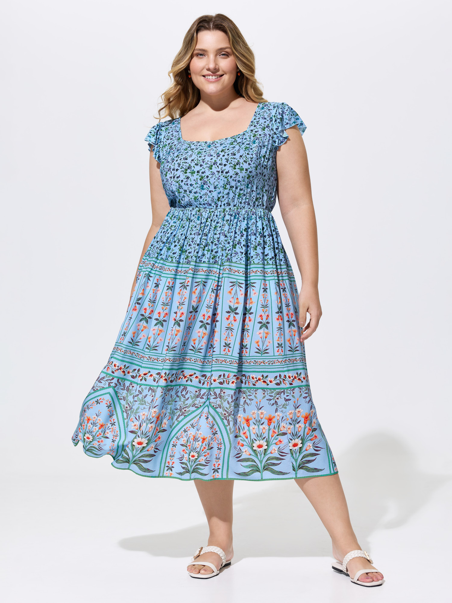 BloomChic Women's Plus Size Rayon Garden Fresh Ruffled Sleeve Midi Dress LightBlue Ethnic Floral Midi Vacation Ruffles 22-24/3X