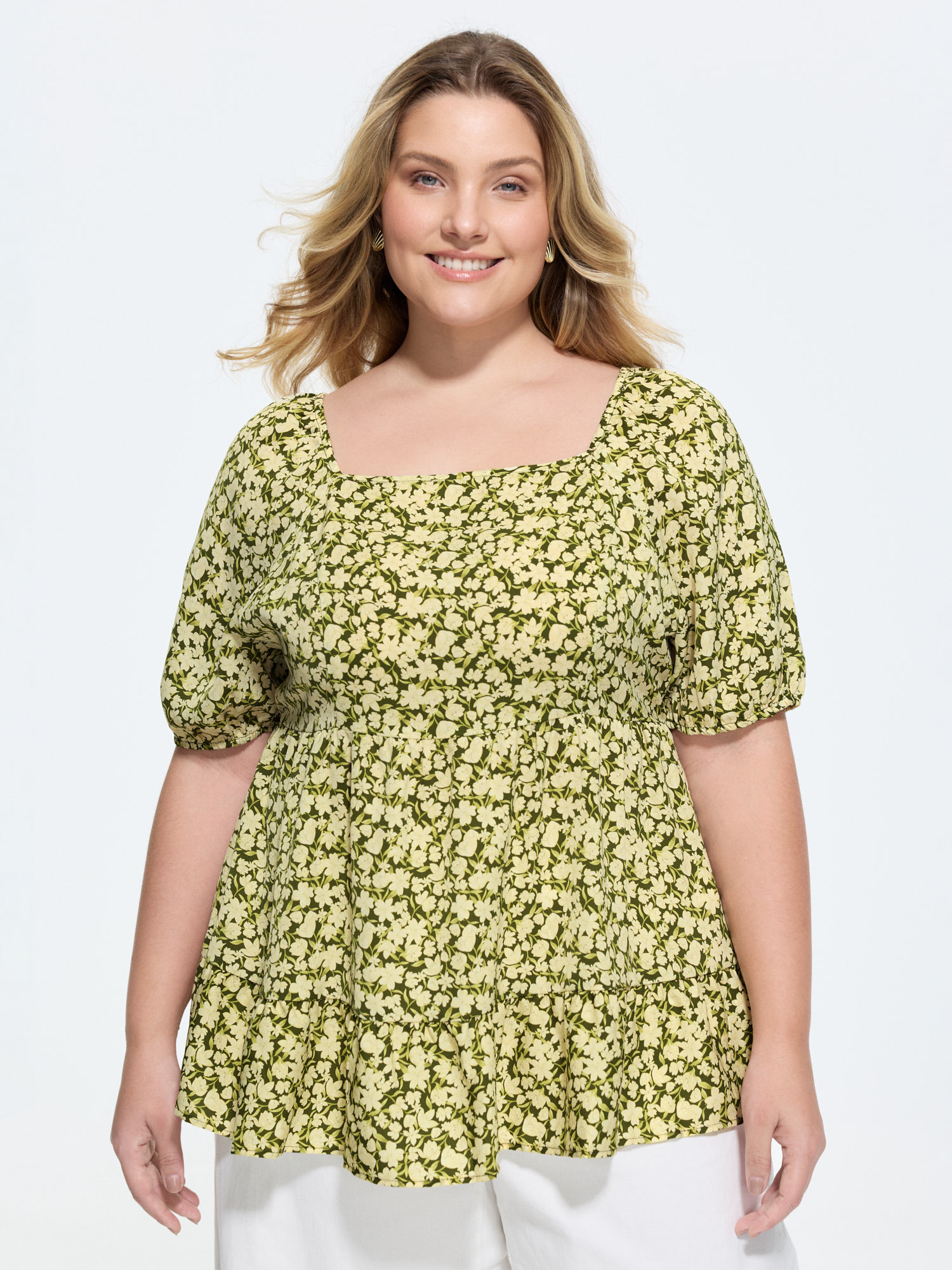 Bloomchic Floral Square Neck Fit And Flare Blouse In Green