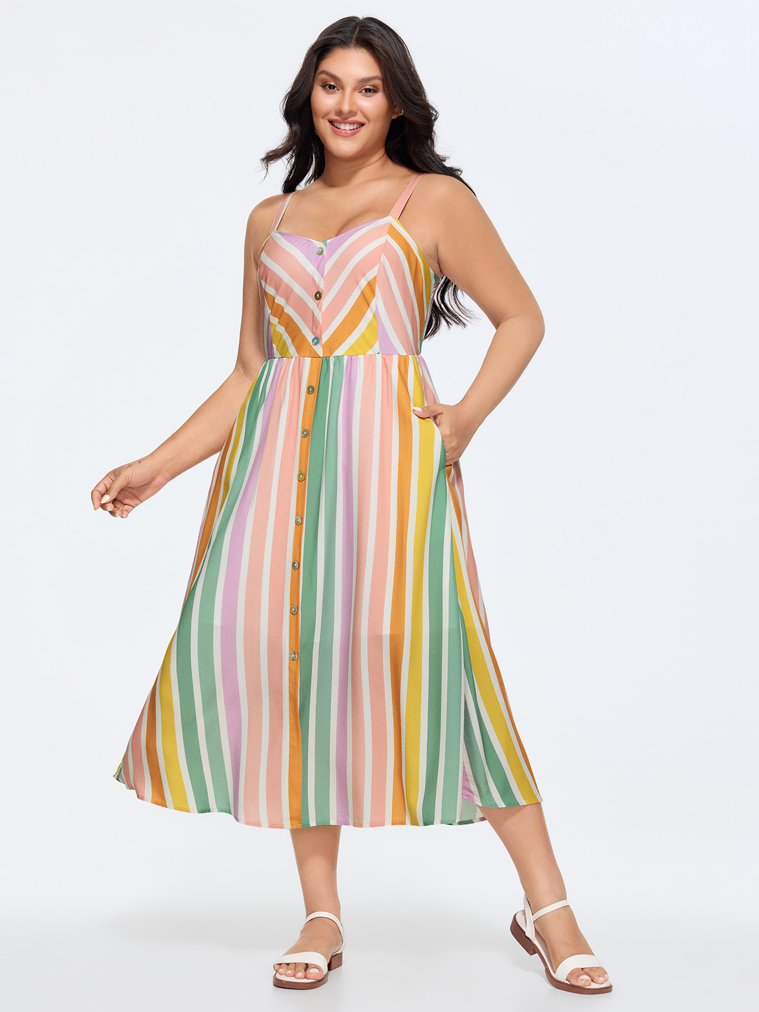 Bloomchic Soft Striped Pockets Cami Midi Dress In Multi