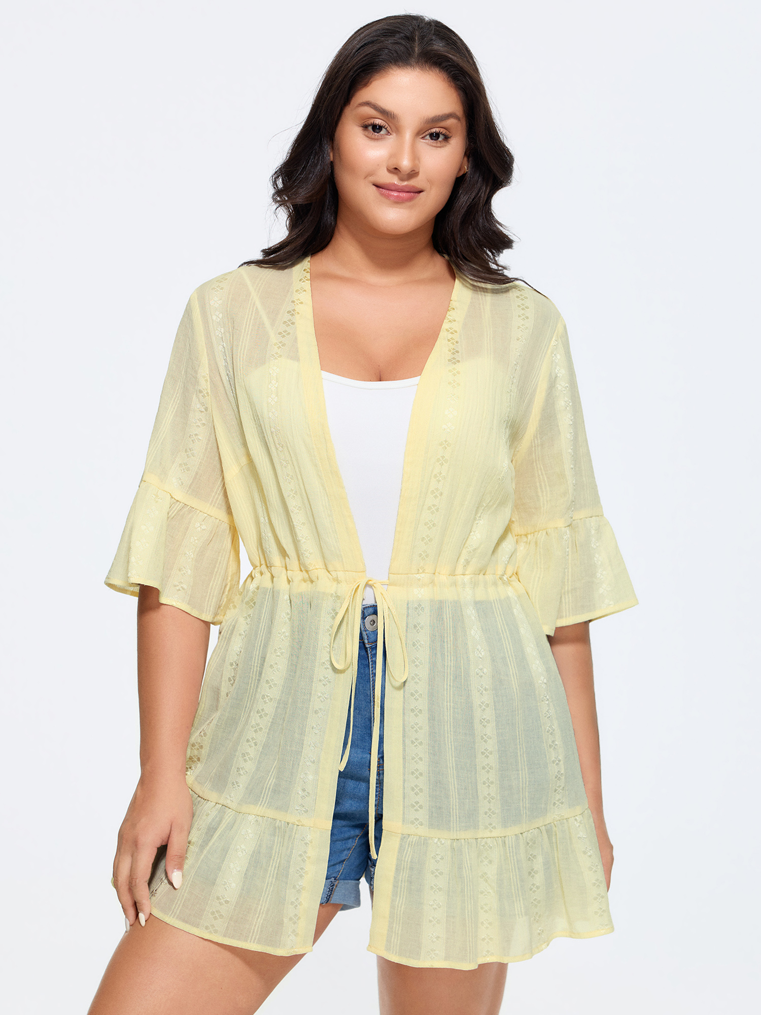 BloomChic Women's Plus Size Textured Sheer Front-Tie Kimono Ivory Lace-Up A-line 26/4X