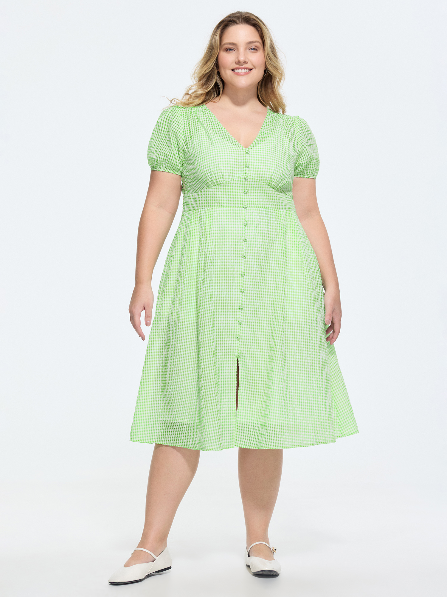 Bloomchic Sheer Cinched-waist Flowy Midi Dress In Green