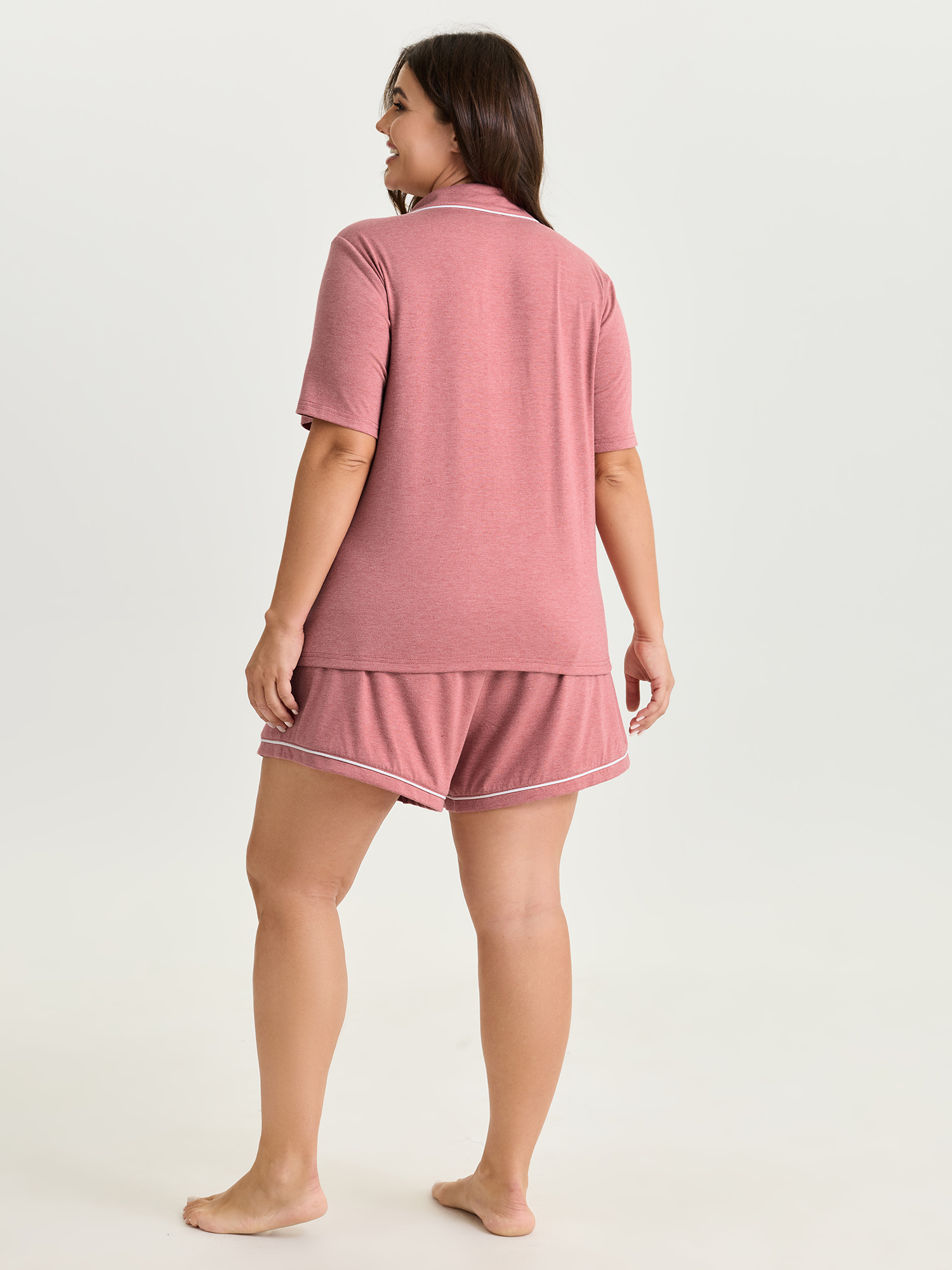 Side view of BloomChic Women's Plus Size Supersoft Stretchy Co-Ord Soft Pajama Set Beanpastepowder 30/6X