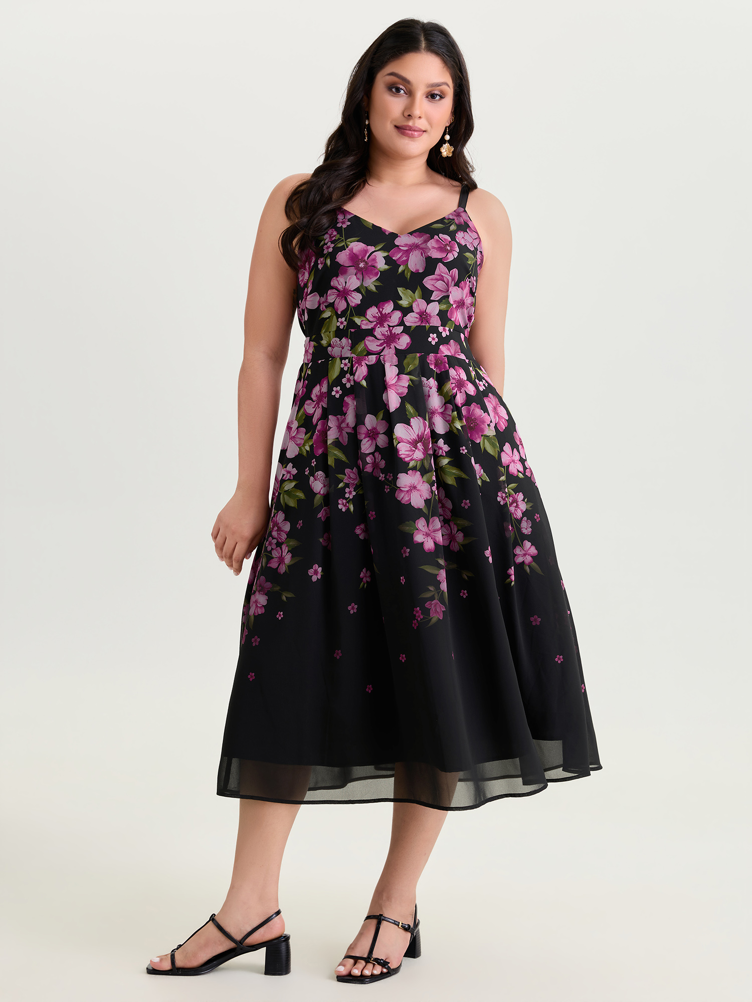 Bloomchic Sweet Floral Print Shirred Cami Midi Dress In Black