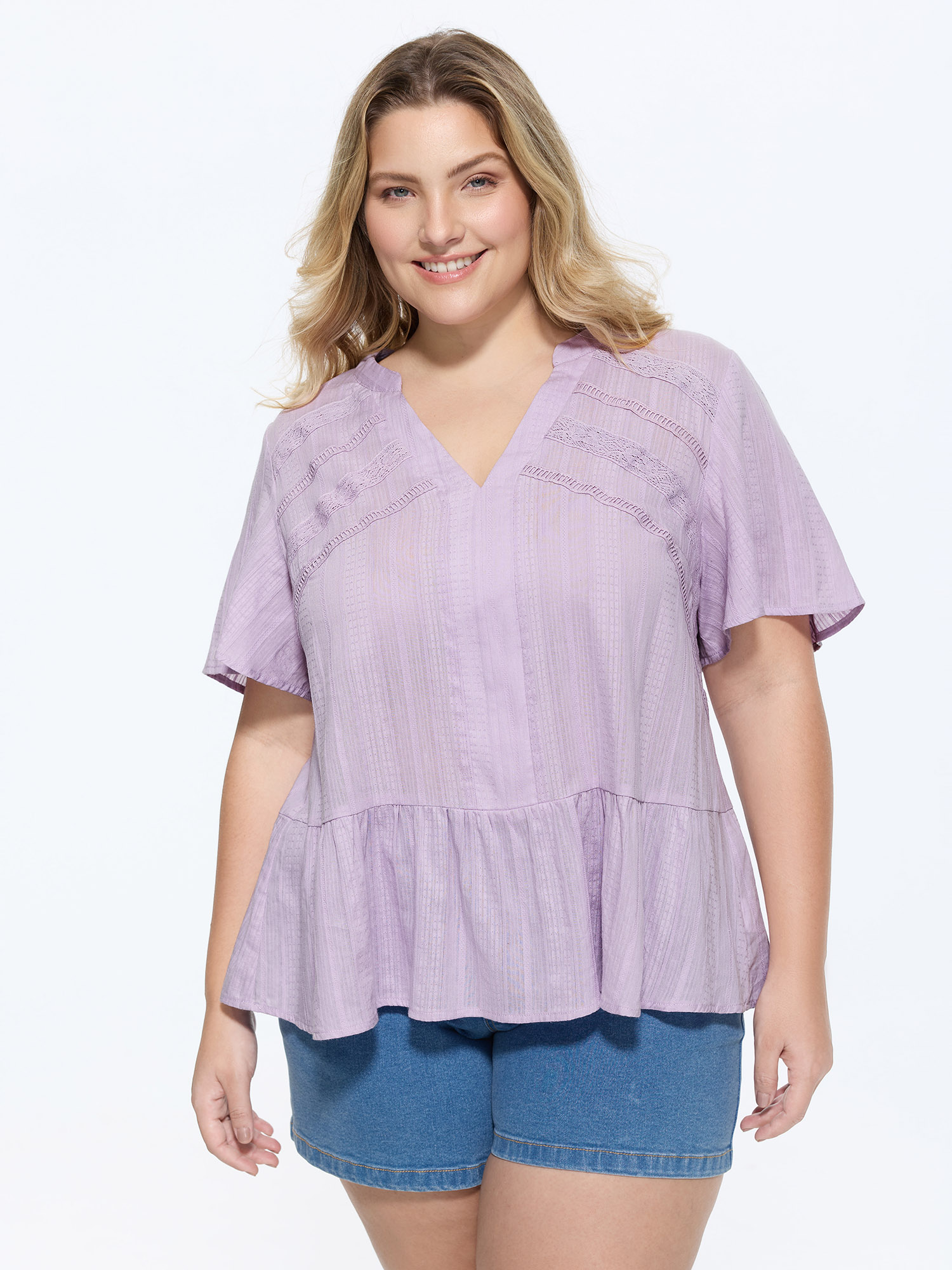 Bloomchic Cotton Lace Trim Textured Ruffled Hem Knit Top In Purple