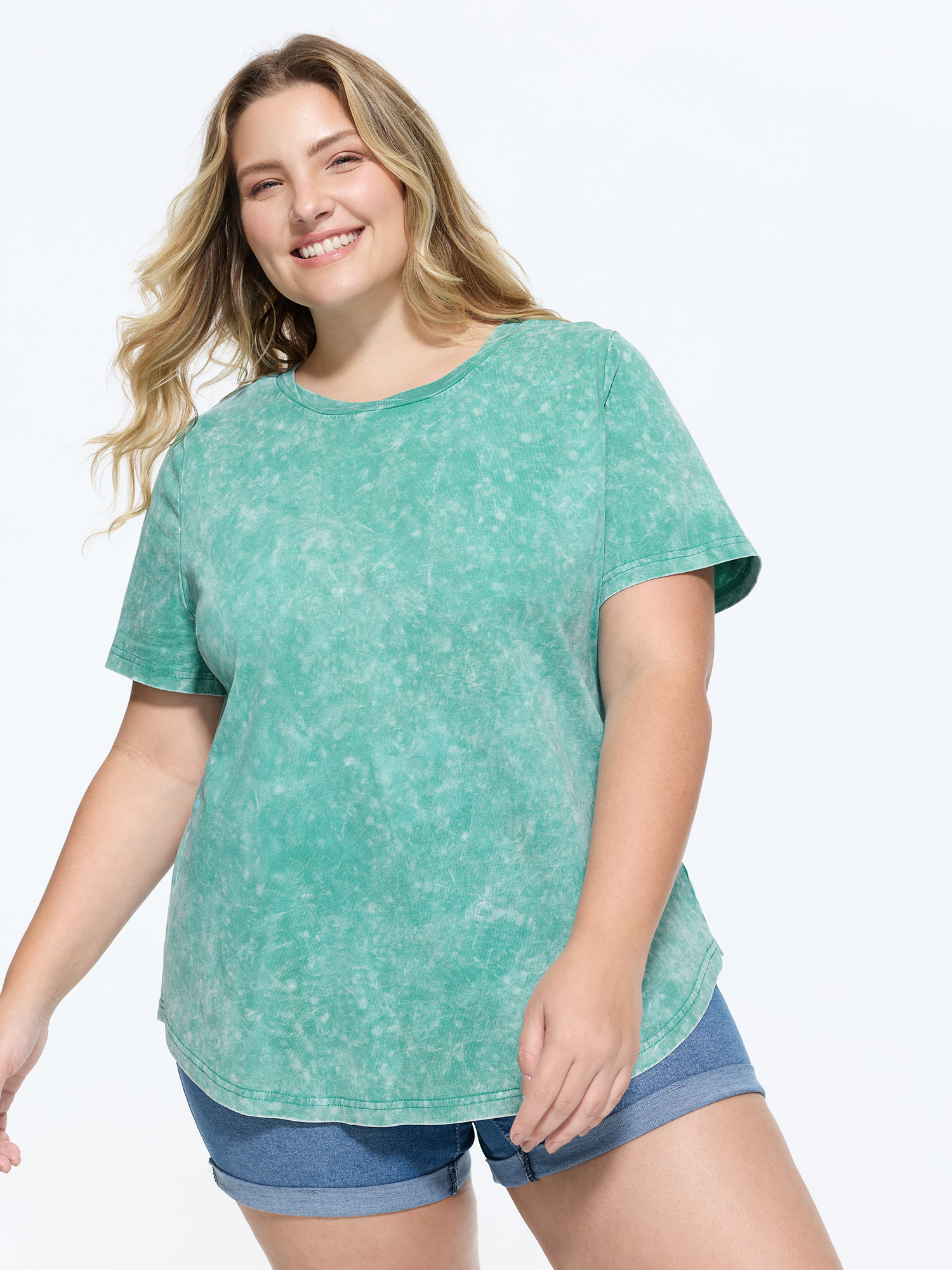 BloomChic Women's Plus Size Cotton Stretchy Snowflake Effect Curvy Hem T-Shirt Turquoise Solid Everyday-Casual Short sleeve Round Neck 18-20/2X
