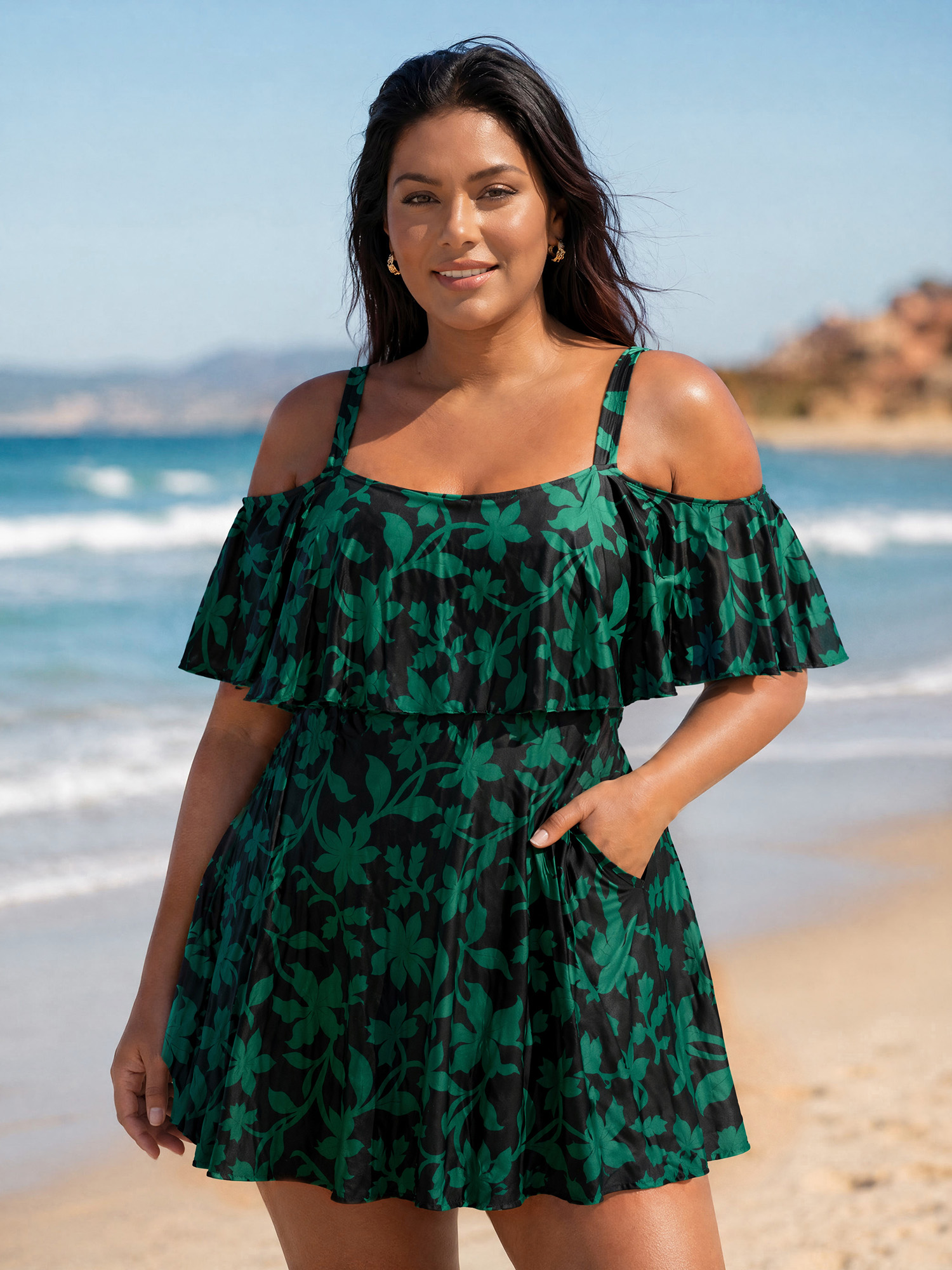 BloomChic Plus Size Floral Ruffle Trim Off Shoulder Pockets Swim Dress - Curve Women's Swimwear- BlackFlower Off-Shoulder Stay-Put Hem Detail Elastic Waist Side Pocket Swim Dresses 18-20/1X