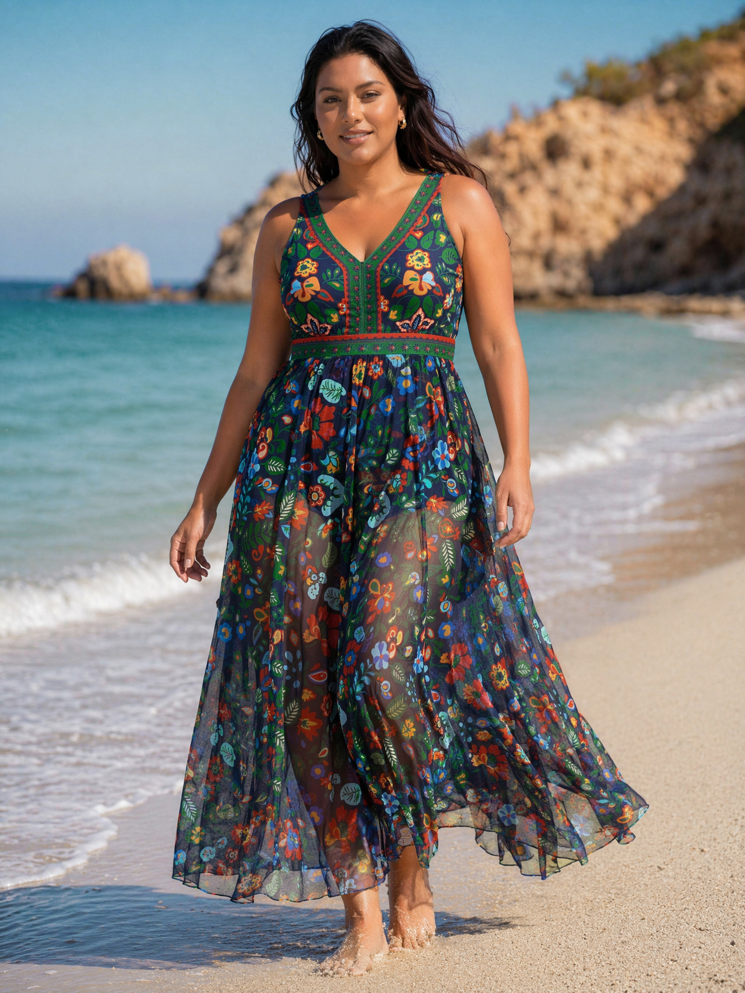 BloomChic Women's Plus Size Two-Piece Tummy-Control Sarong Swimsuit Indigo Floral Non Tummy Control 10/M