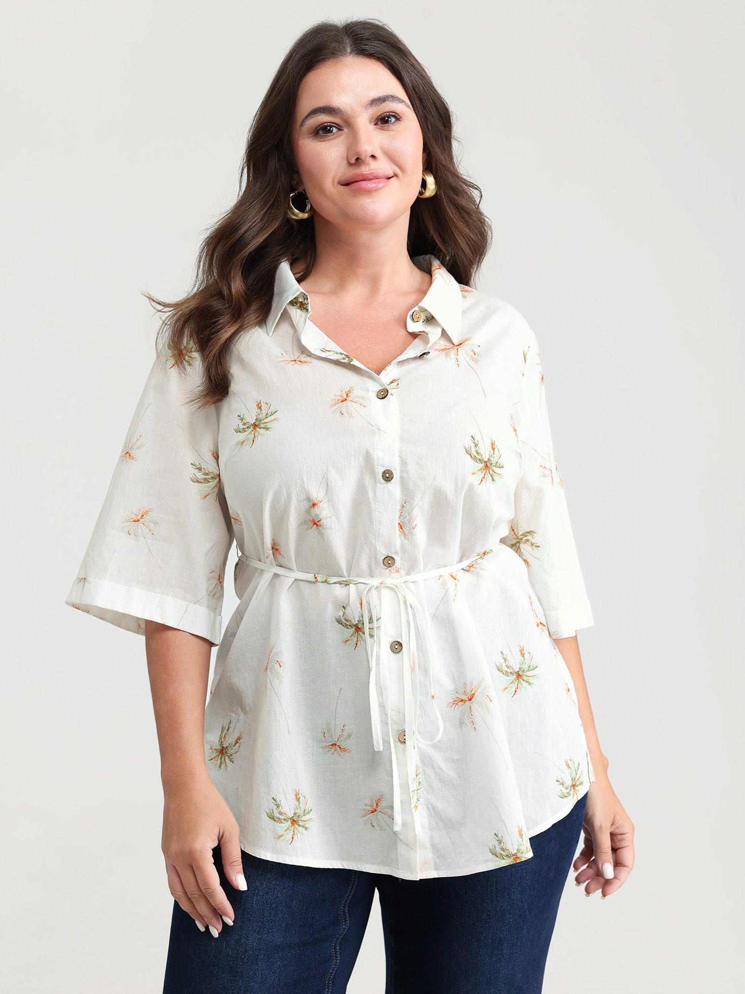 BloomChic Women's Plus Size Cotton Floral Print Button-Front Shirt WhiteSmoke Casual Half Sleeve 14-16/1X-image-48371106152618