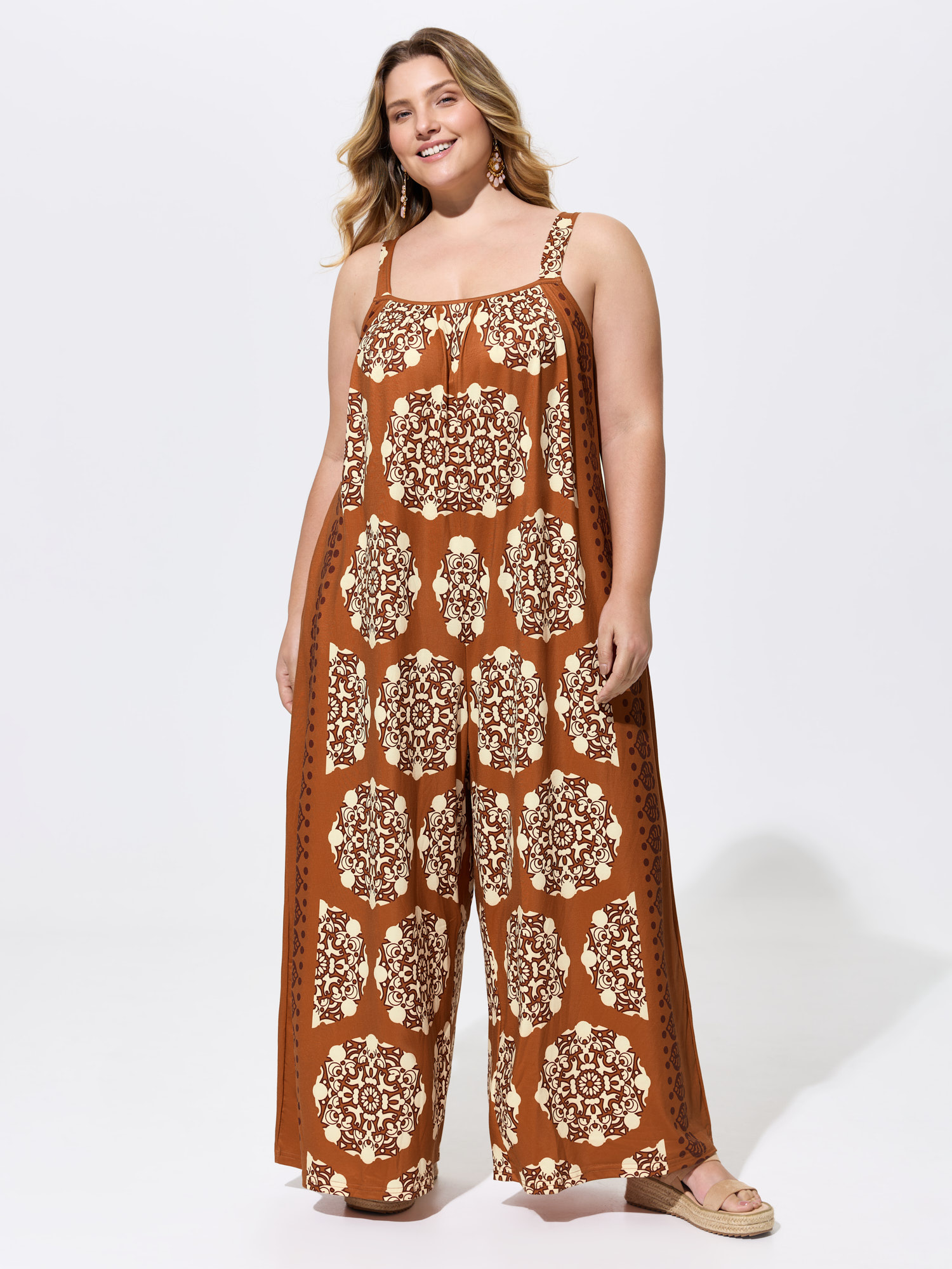 Bloomchic Sunkissed Stretchy Adjustable Strap Jumpsuit In Brown