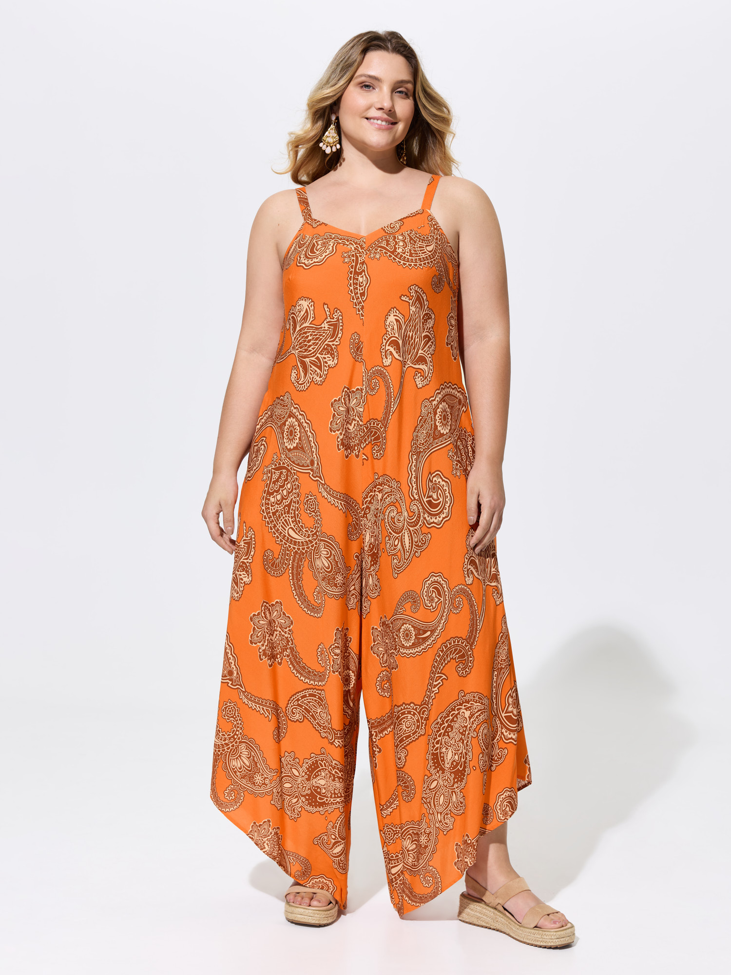 Bloomchic Boho Print Asymmetrical Hem Jumpsuit In Orange
