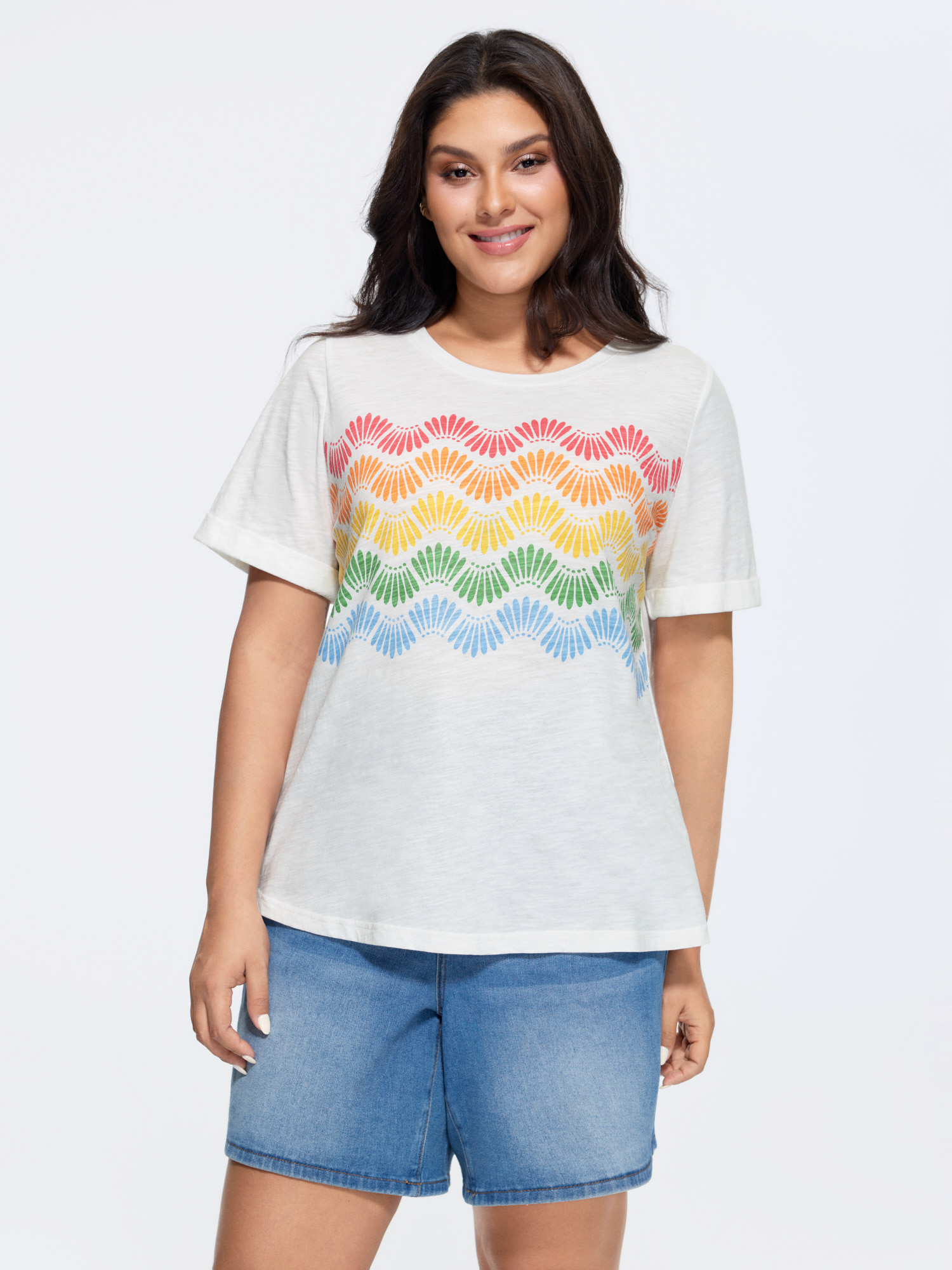 BloomChic Women's Plus Size Cotton Stretchy Wavy Colorful Print T-Shirt Opticwhite Ombre Casual Short sleeve 10/M-image-48371106611370