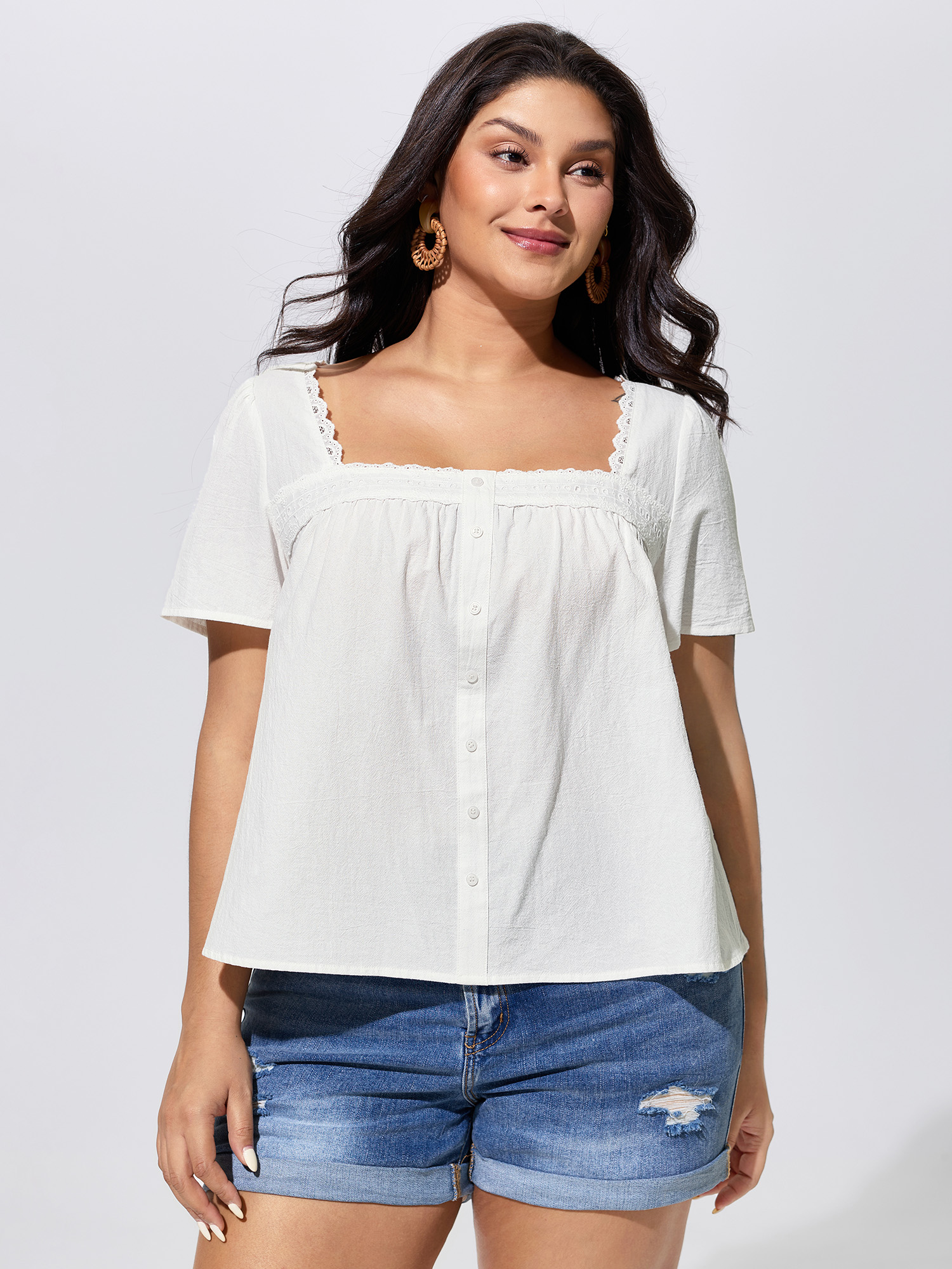 BloomChic Women's Plus Size Cotton Lace Trim Square Neck Spliced Blouse WhiteSmoke Solid Vacation Short sleeve Square Neck 10/M-image-48371110346922