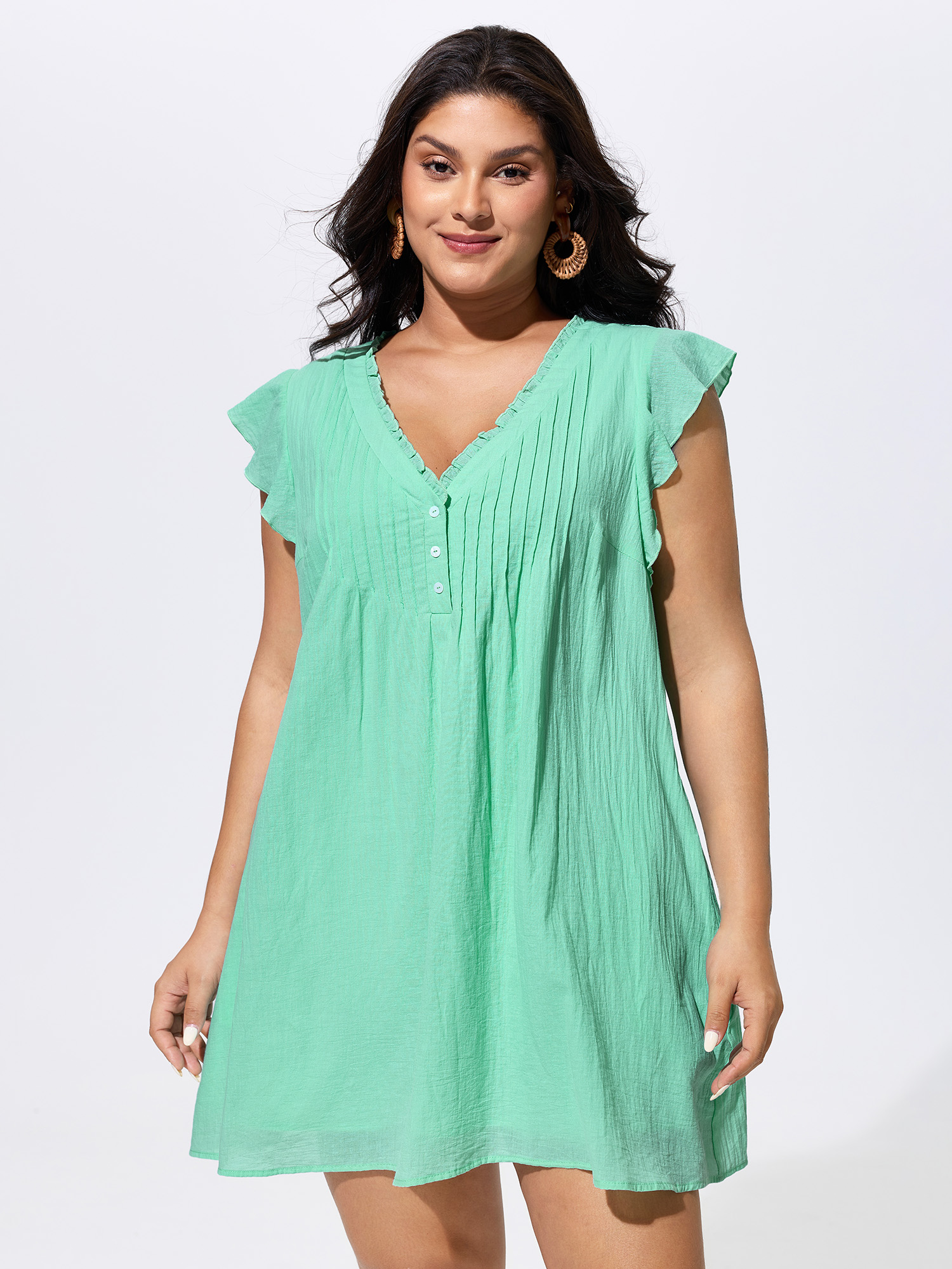 BloomChic Women's Plus Size Cotton Toothpick Pleated Plain Mini Dress Mint Solid Mini Vacation Button Front 10/M-image-48371107659946