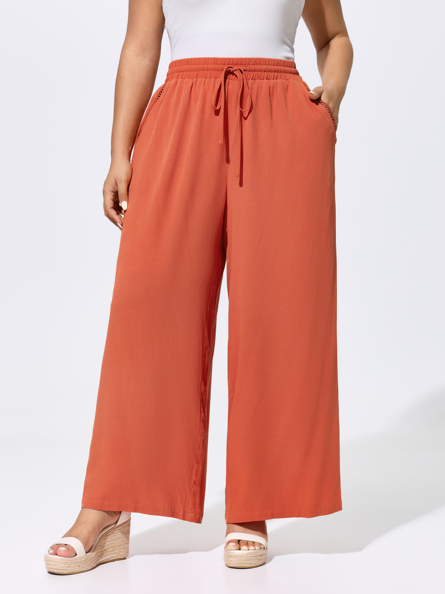BloomChic Women's Plus Size Drawstring Waist Breezy Straight-Leg Pants Coral Solid Wide leg Mid Rise Vacation 10/M-image-48371114279082