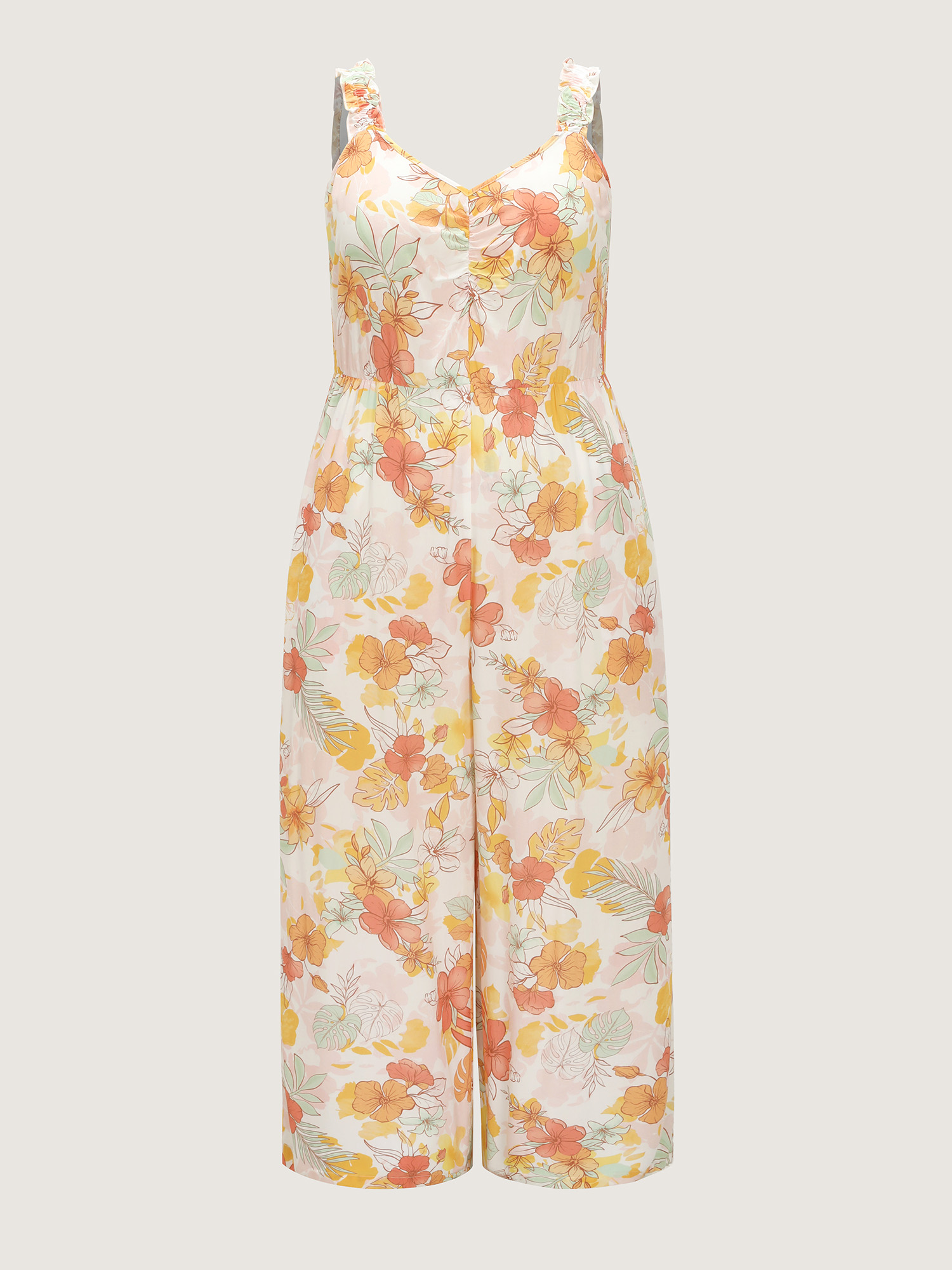 Side view of BloomChic Women's Plus Size Floral Print Bow-Tie Back Jumpsuit Multicolor Vacation 28/5X