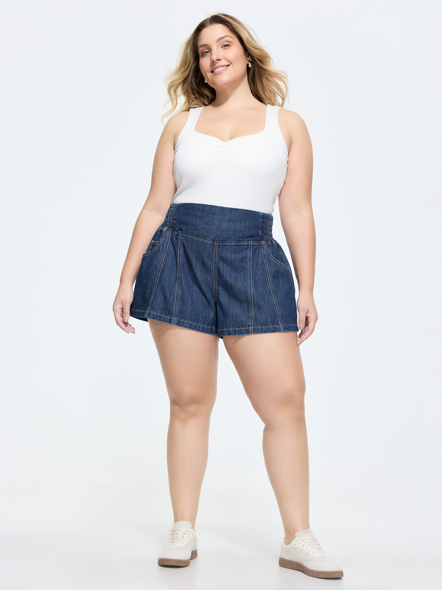 BloomChic Women's Plus Size Supersoft Wide Waistband Denim Shorts Midblue Smocked High Rise Casual 22/3X-image-48371104612522
