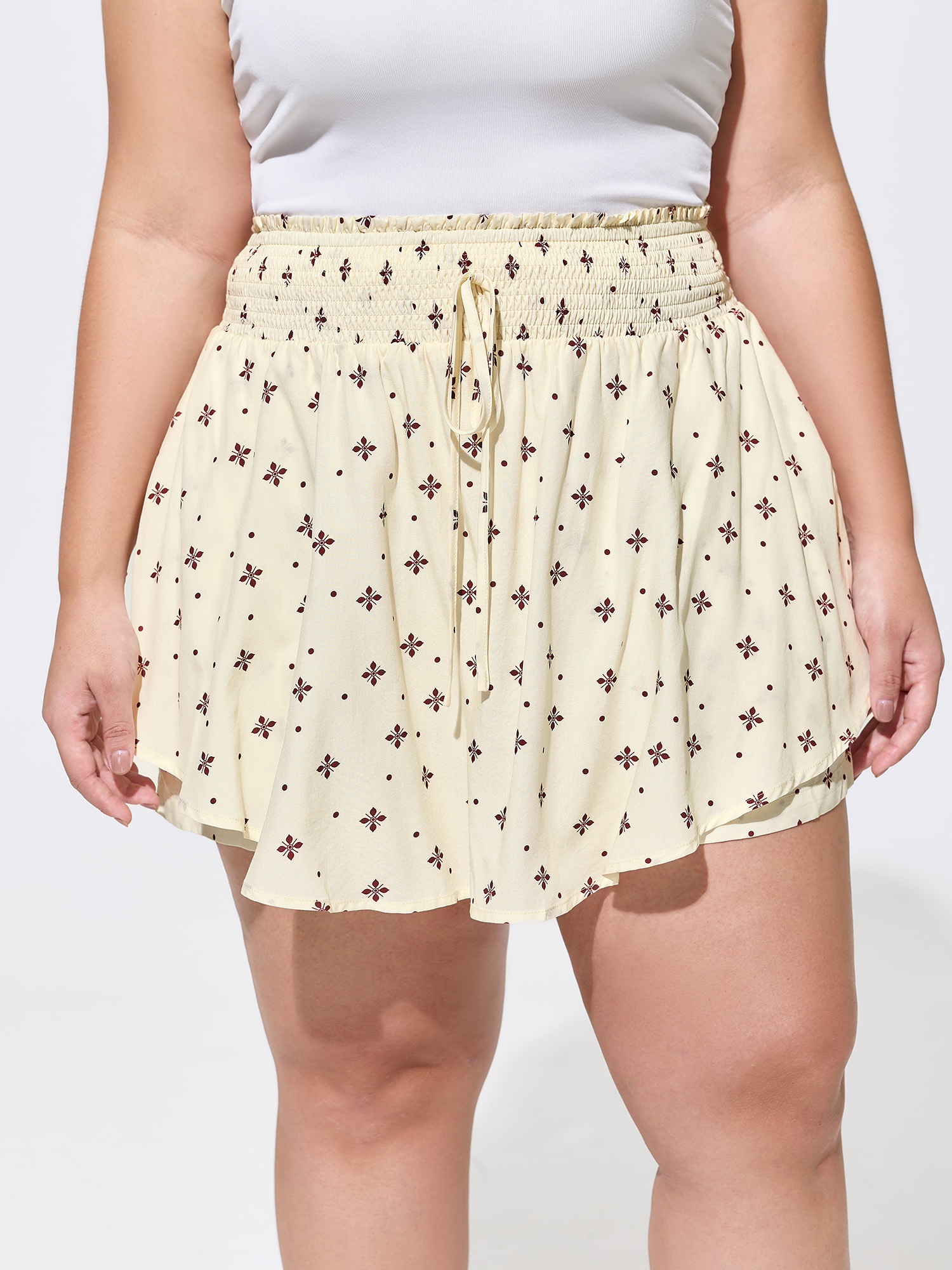 BloomChic Women's Plus Size Geometric Print Wide Shirred Waist Skort Ivory Vacation Skort Ruffles Shorts 10/M-image-48371111559338