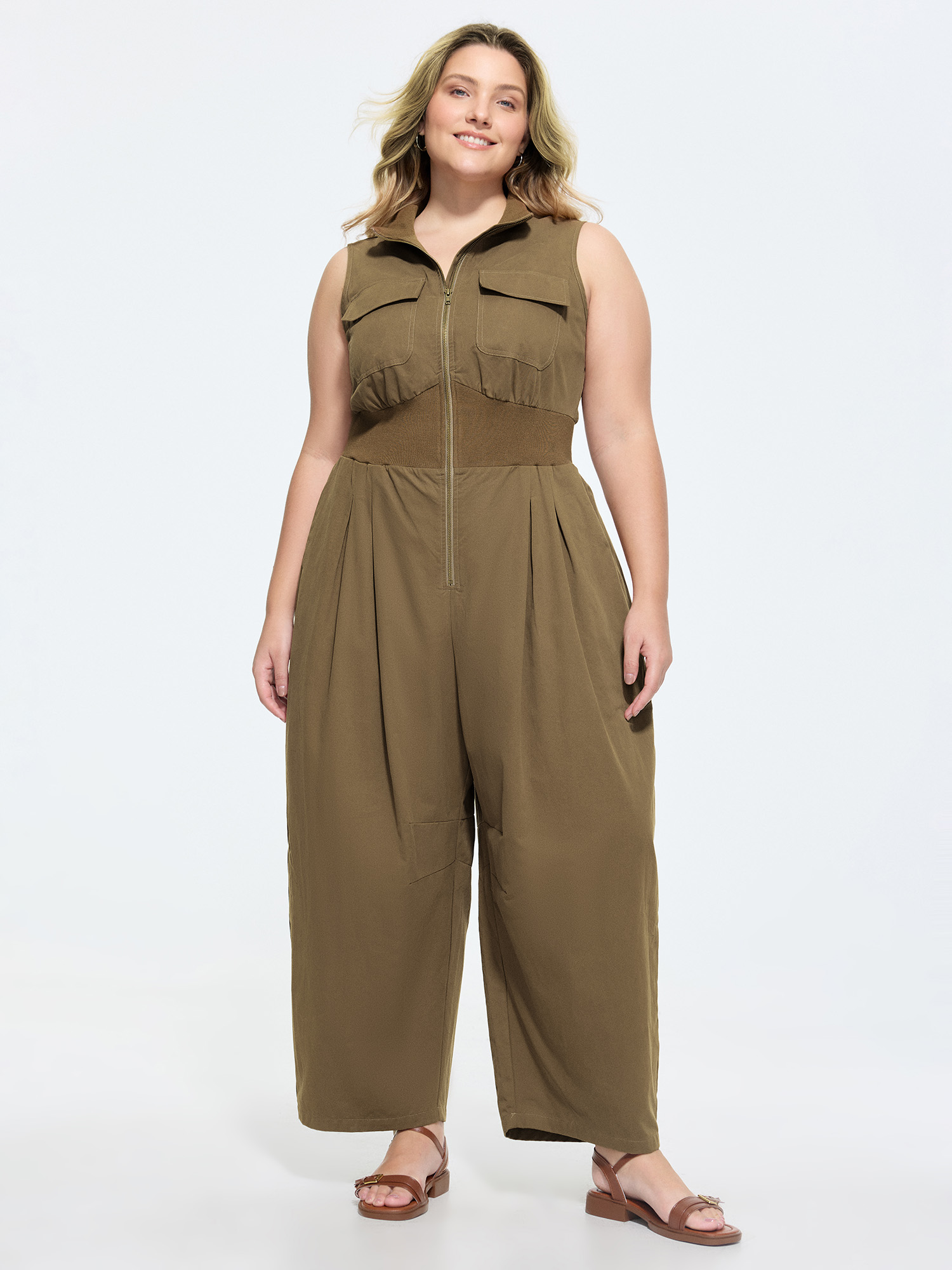 BloomChic Women's Plus Size Cotton Zipper Pleated Waist-Defining Jumpsuit Olive Casual 10/M-image-48371107397802