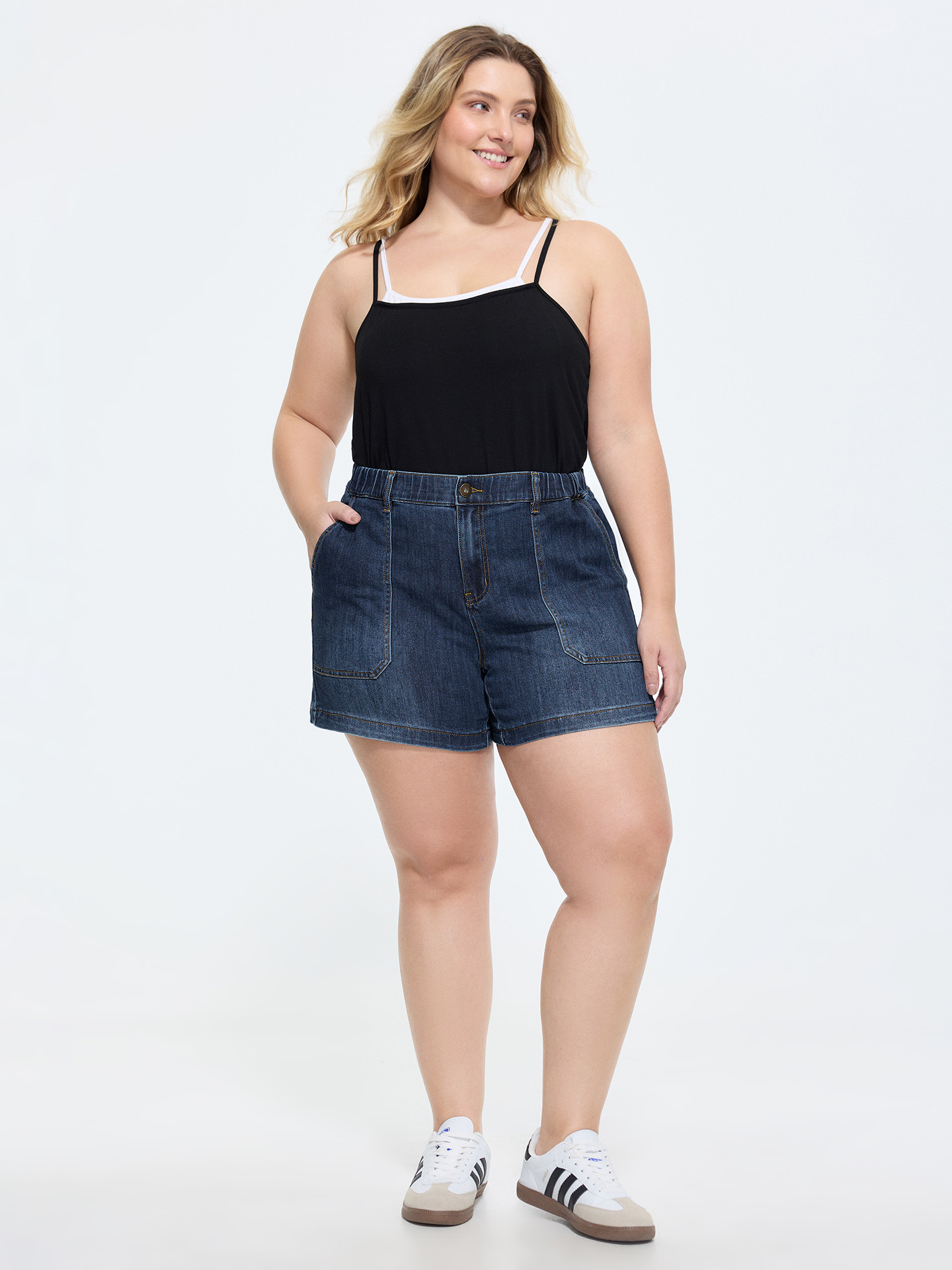 BloomChic Women's Plus Size Stretchy Medium Wash Rubber Waist Denim Shorts Denimindigo Non High Rise Casual 18/2X-image-48371114049706