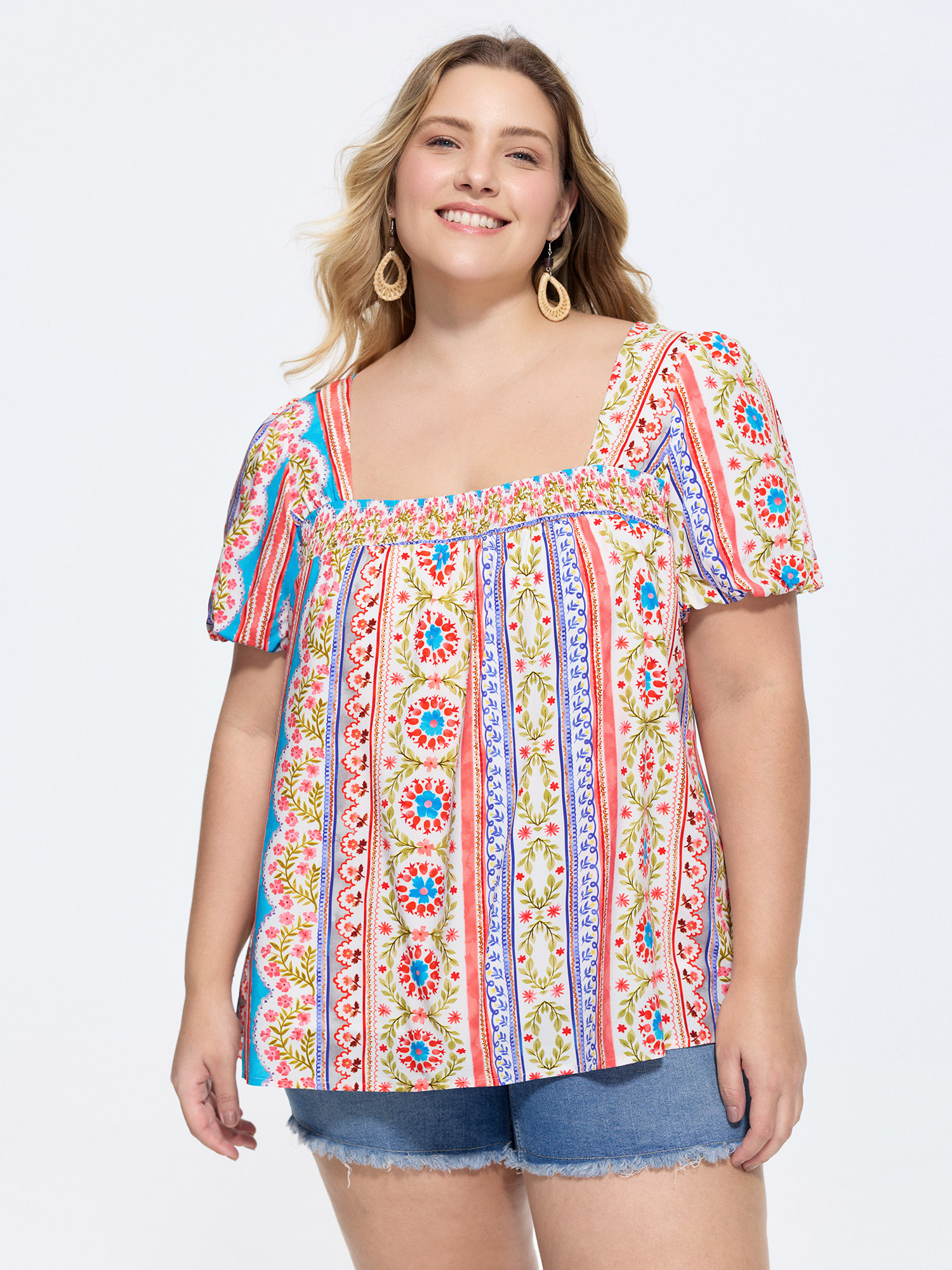 Bloomchic Supersoft Boho Floral Print Square Neck Blouse In Multi