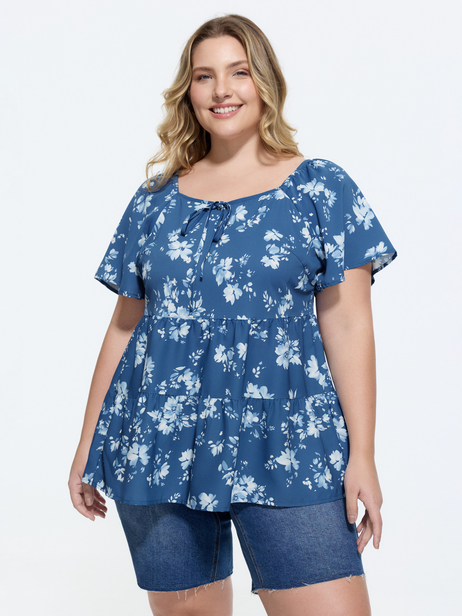 Bloomchic Micro Floral Print Sweetheart Neck Blouse In Blue