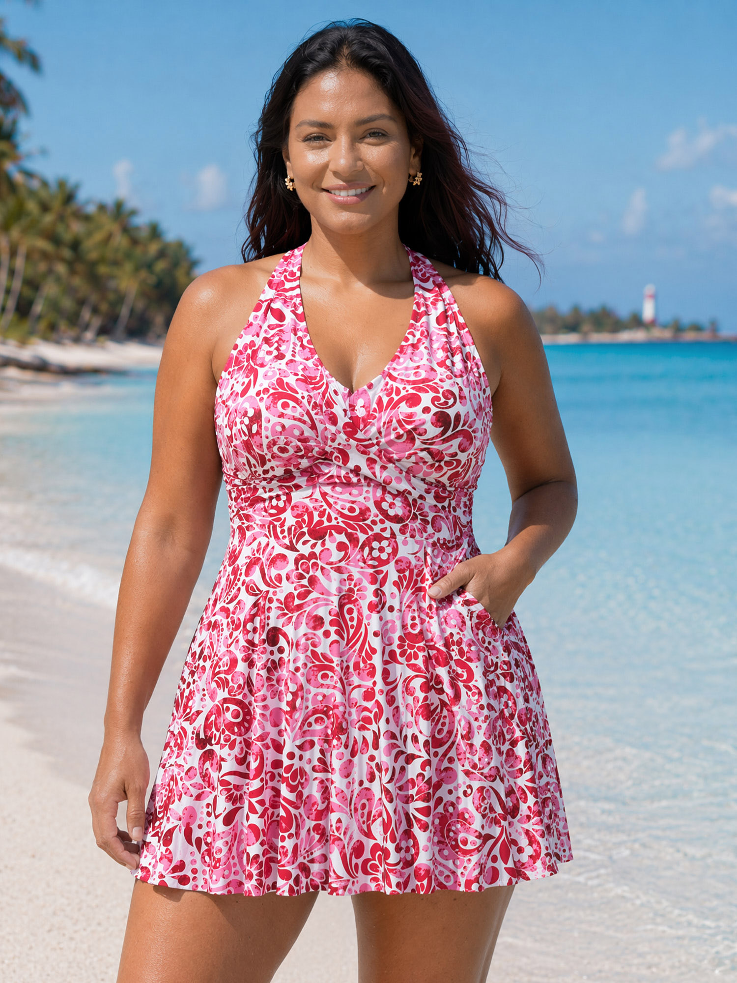 Side view of BloomChic Women's Plus Size Floral Paisley Print Back Cut-Out Swim Dress Raspberry Paisley Lace-Up Adjustable Straps 14-16/1X