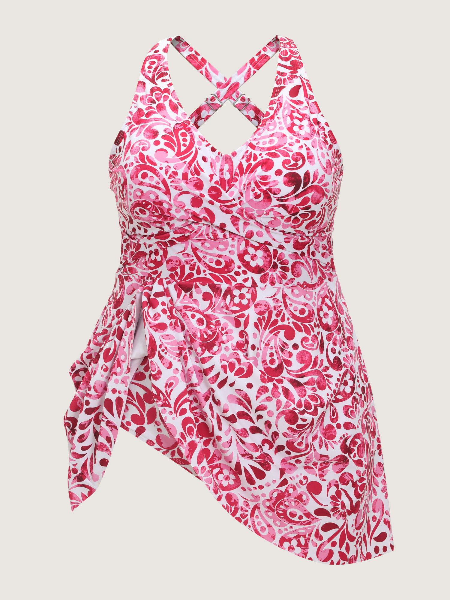 Side view of BloomChic Women's Plus Size Floral Paisley Print Back Cut-Out Swim Dress Raspberry Paisley Lace-Up Adjustable Straps 14-16/1X
