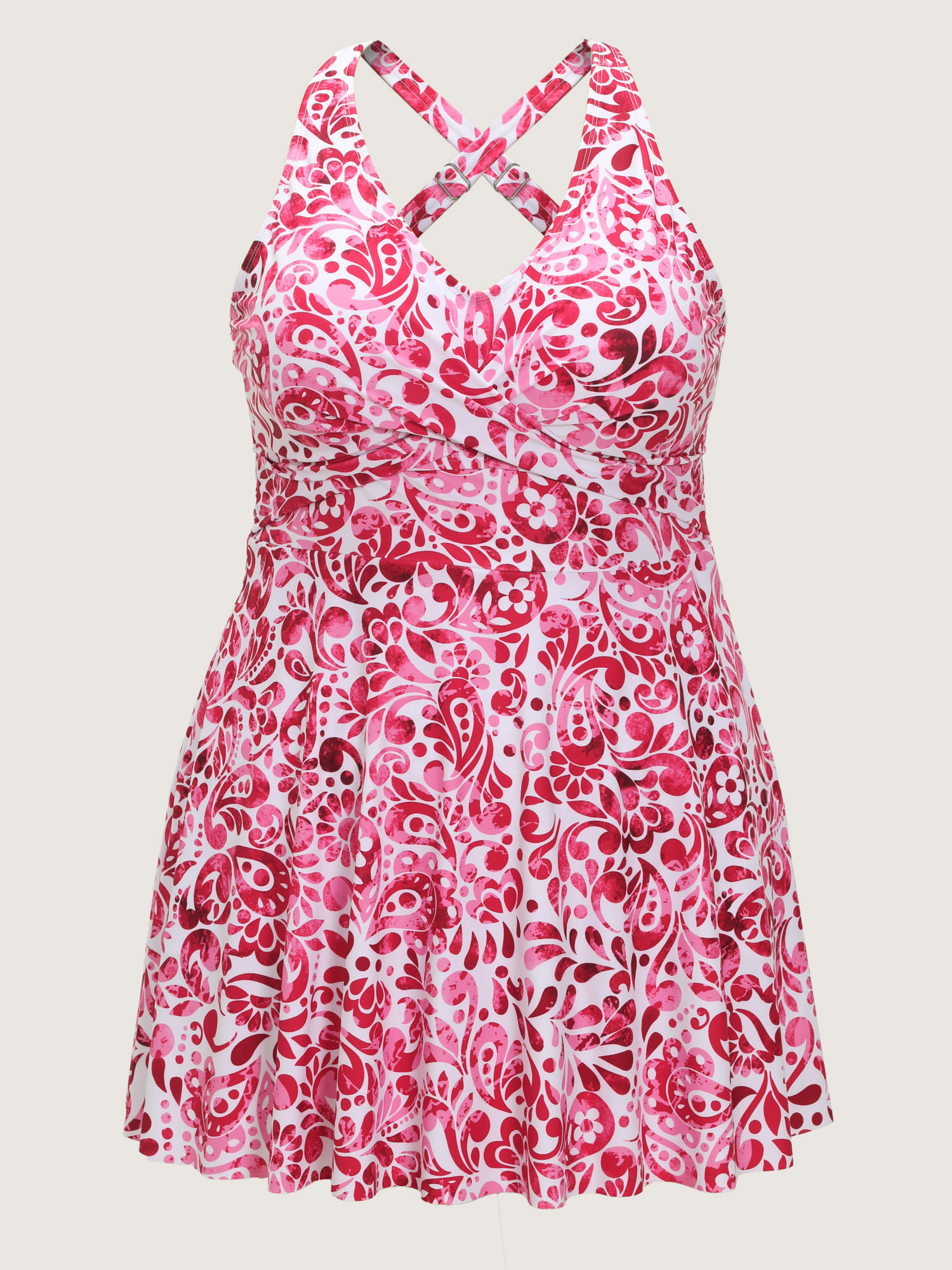 Side view of BloomChic Women's Plus Size Floral Paisley Print Back Cut-Out Swim Dress Raspberry Paisley Lace-Up Adjustable Straps 14-16/1X