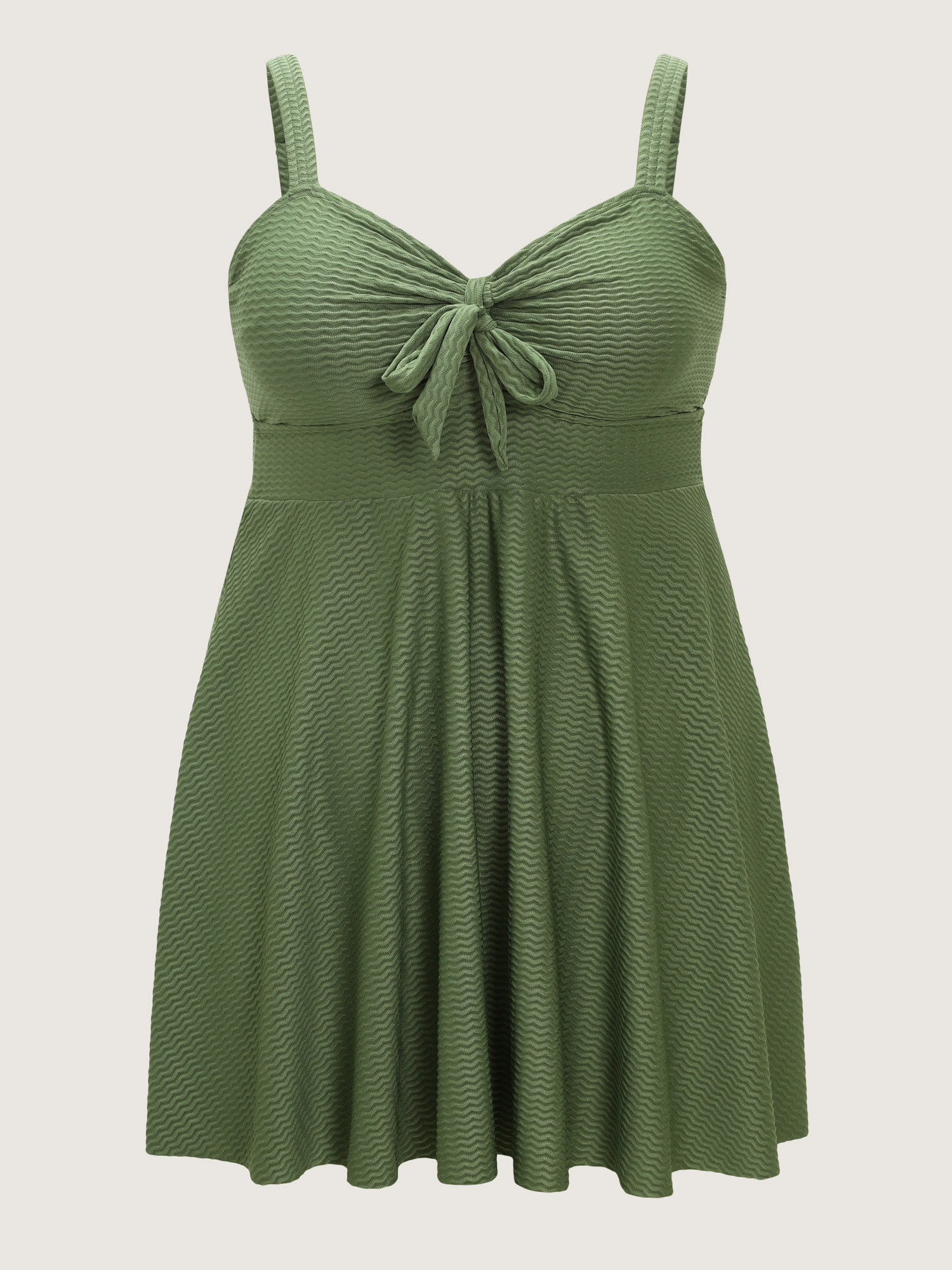 Side view of BloomChic Women's Plus Size Knotted Front Textured Swim Dress ArmyGreen Solid Lace-Up Adjustable Straps 18-20/2X