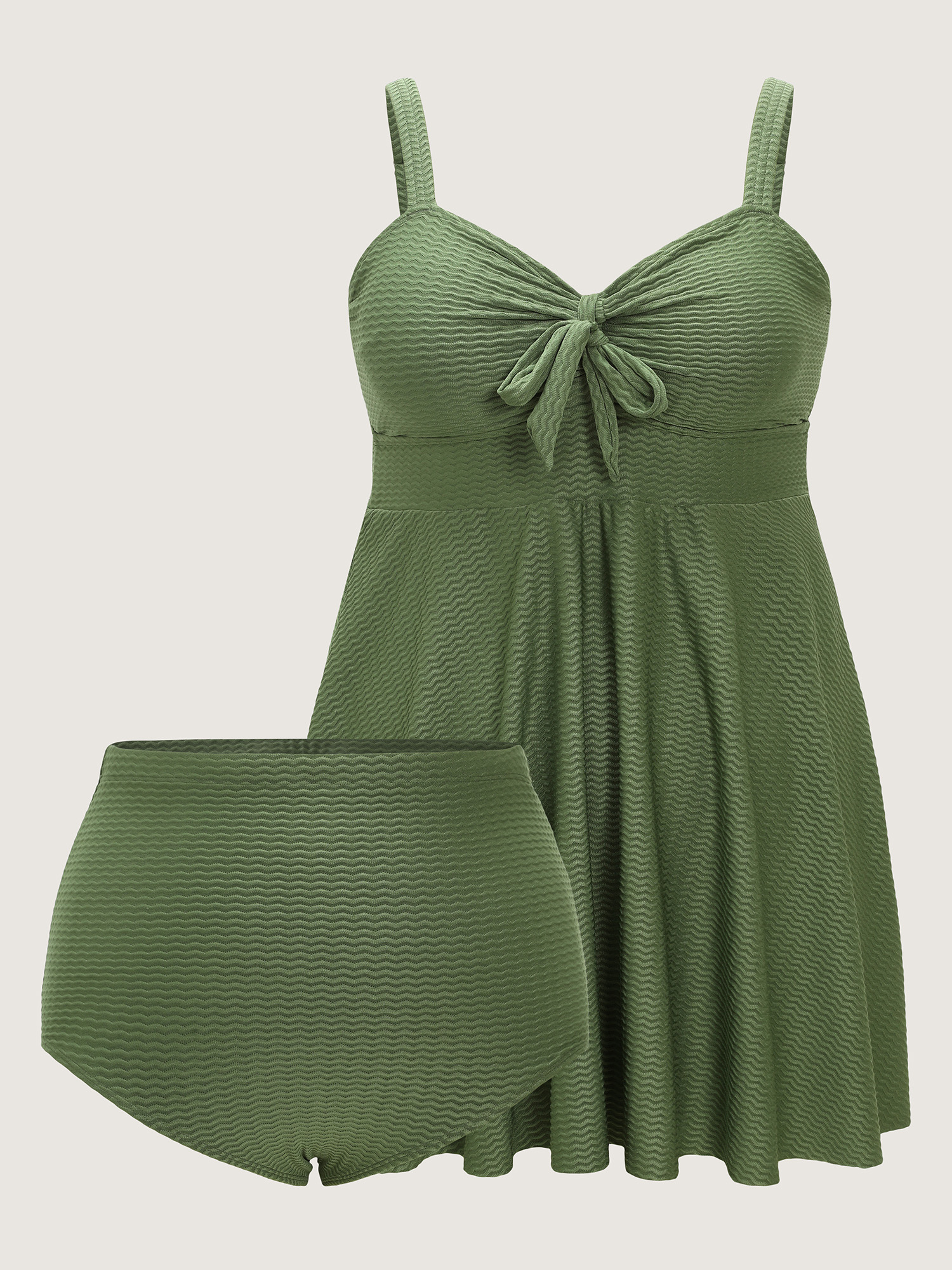 Side view of BloomChic Women's Plus Size Knotted Front Textured Swim Dress ArmyGreen Solid Lace-Up Adjustable Straps 18-20/2X