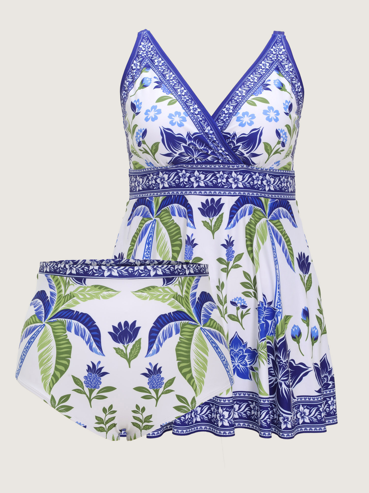 Side view of BloomChic Women's Plus Size Tropical Palm Tree Print Swim Dress Originalwhite Tropical Non Adjustable Straps 18-20/2X