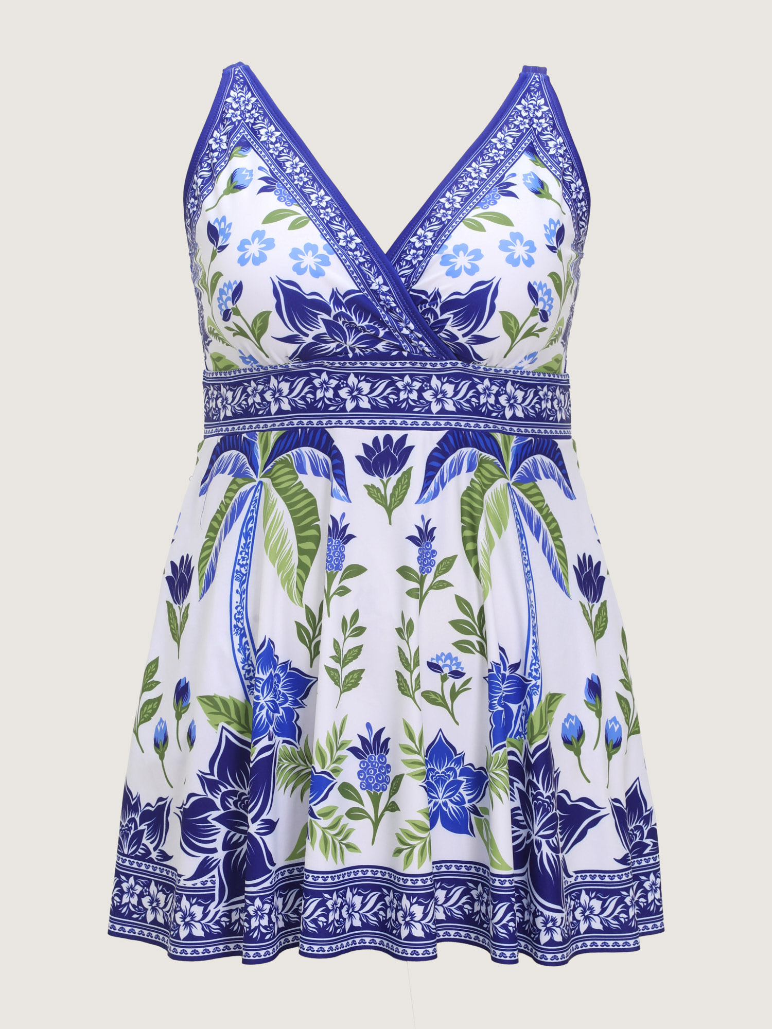 Side view of BloomChic Women's Plus Size Tropical Palm Tree Print Swim Dress Originalwhite Tropical Non Adjustable Straps 18-20/2X