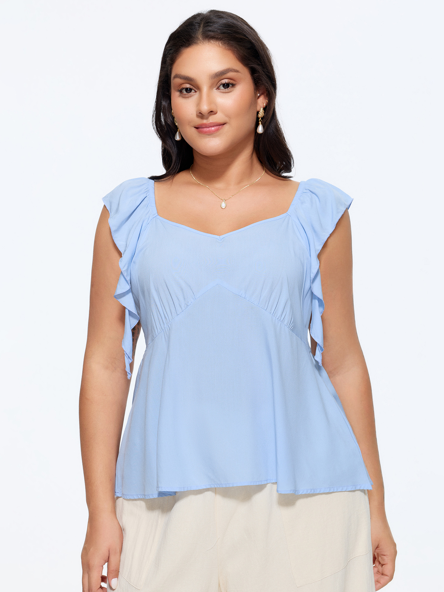 BloomChic Women's Plus Size Shirred Back Fit And Flare Blouse LightBlue Solid Elegant Cap Sleeve Sweetheart Neck 10/M-image-48371110609066