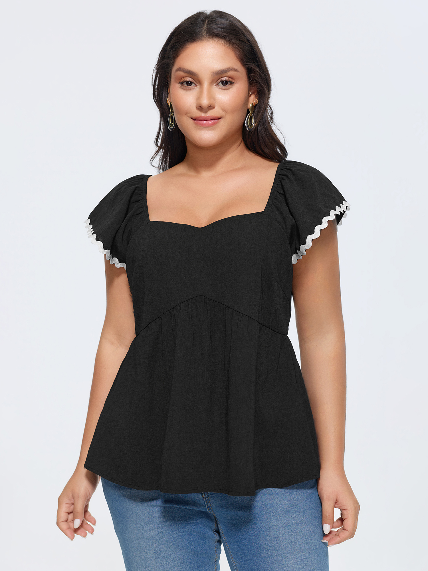BloomChic Women's Plus Size Color Contrast Fit And Flare Blouse Black Solid Elegant Cap Sleeve Sweetheart Neck 10/M-image-48371110084778