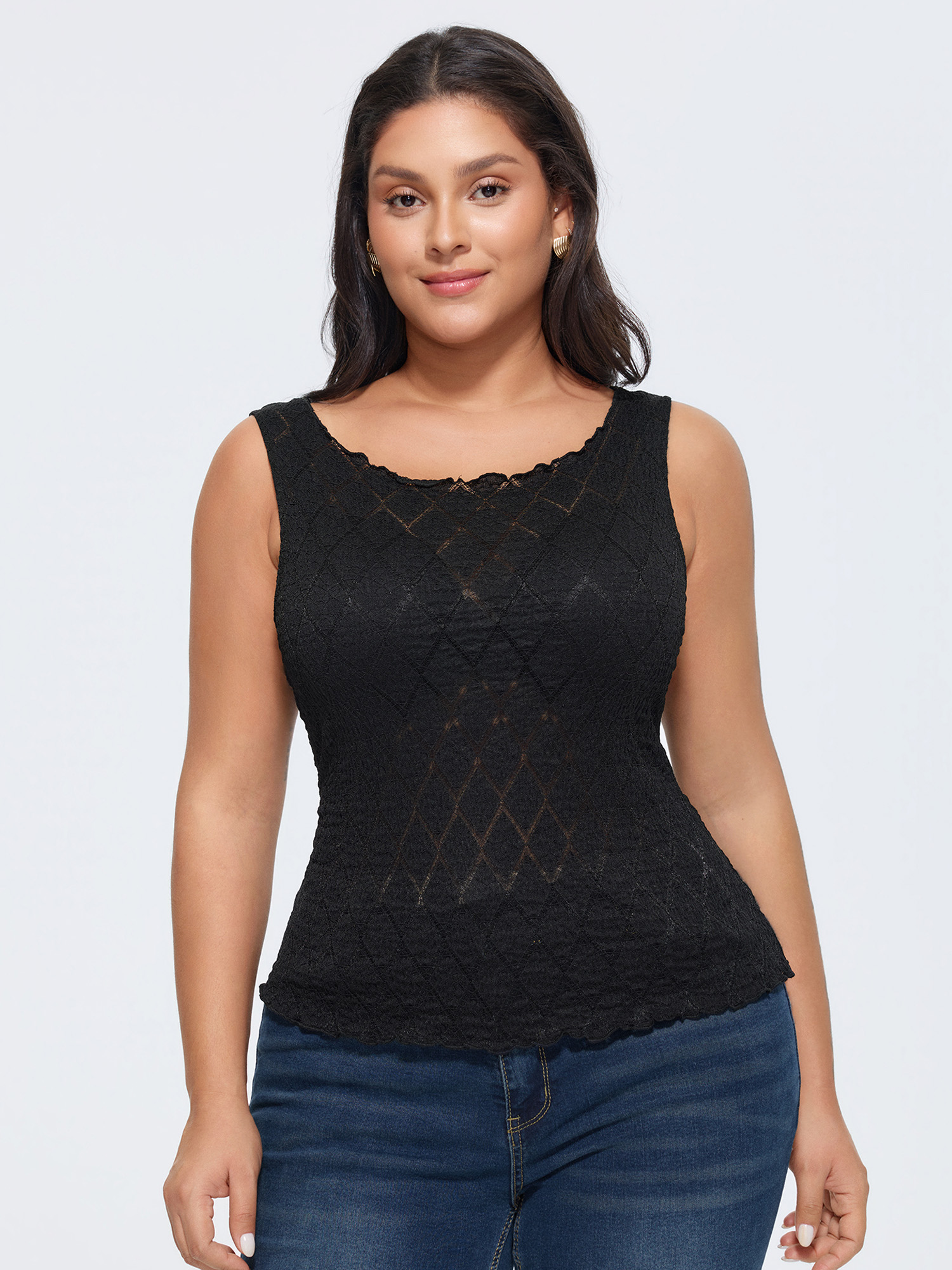 BloomChic Women's Plus Size Textured Hollowed-Out Tank Top Black Elegant Fitted Sheath Round Neck 28/5X-image-48371109593258