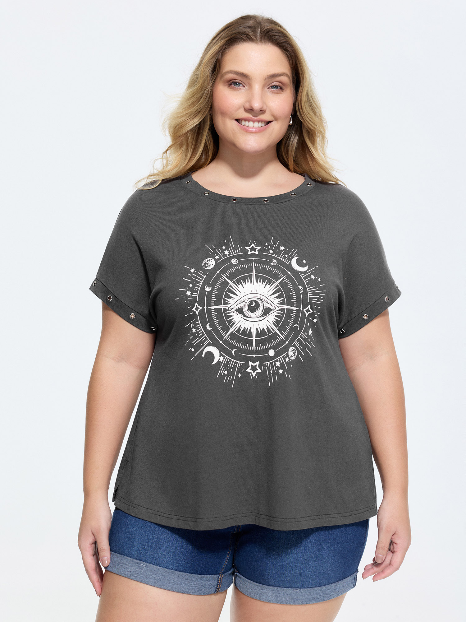 BloomChic Women's Plus Size Cotton Astrological Print Relaxed-Fit T-Shirt DimGray Solid Casual Short sleeve Round Neck 10/M-image-48371106349226