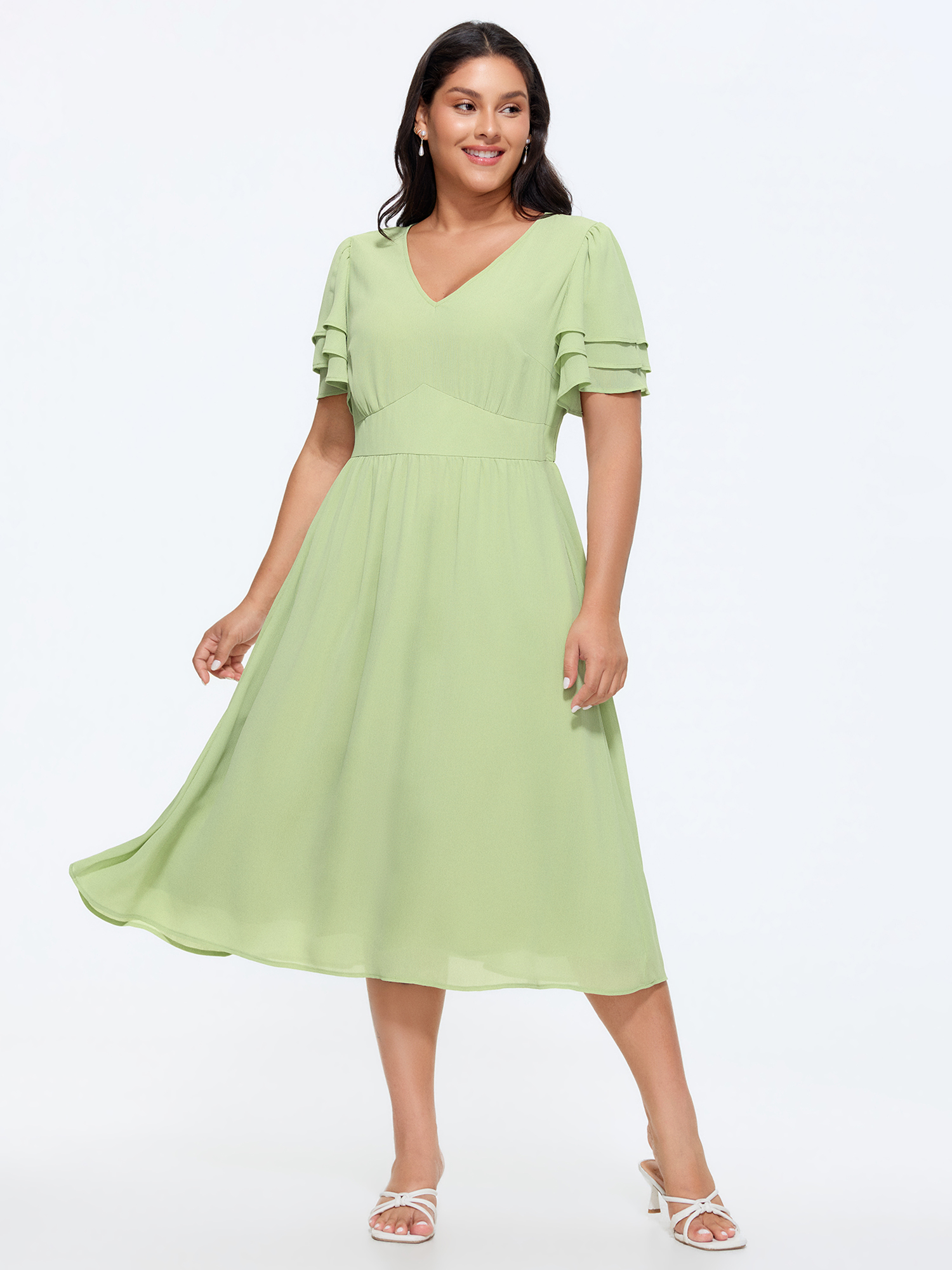 BloomChic Women's Plus Size Plain Layered Sleeve Cinched-Waist Midi Dress LightGreen Solid Midi Elegant Ruffles 10/M-image-48371112083626