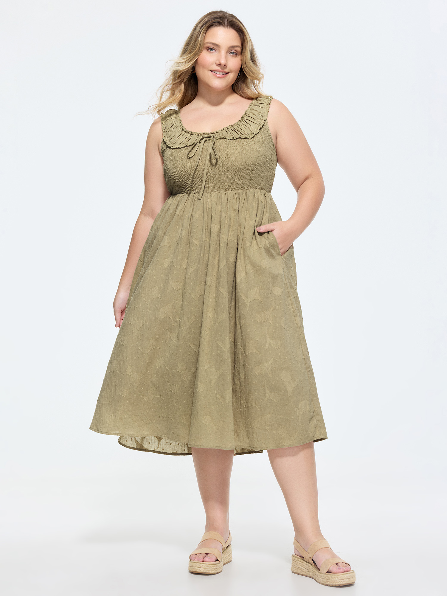 BloomChic Women's Plus Size Cotton Textured Shirred Bodice Midi Dress Olive Solid Midi Casual Lace-Up 26/4X-image-48371107266730