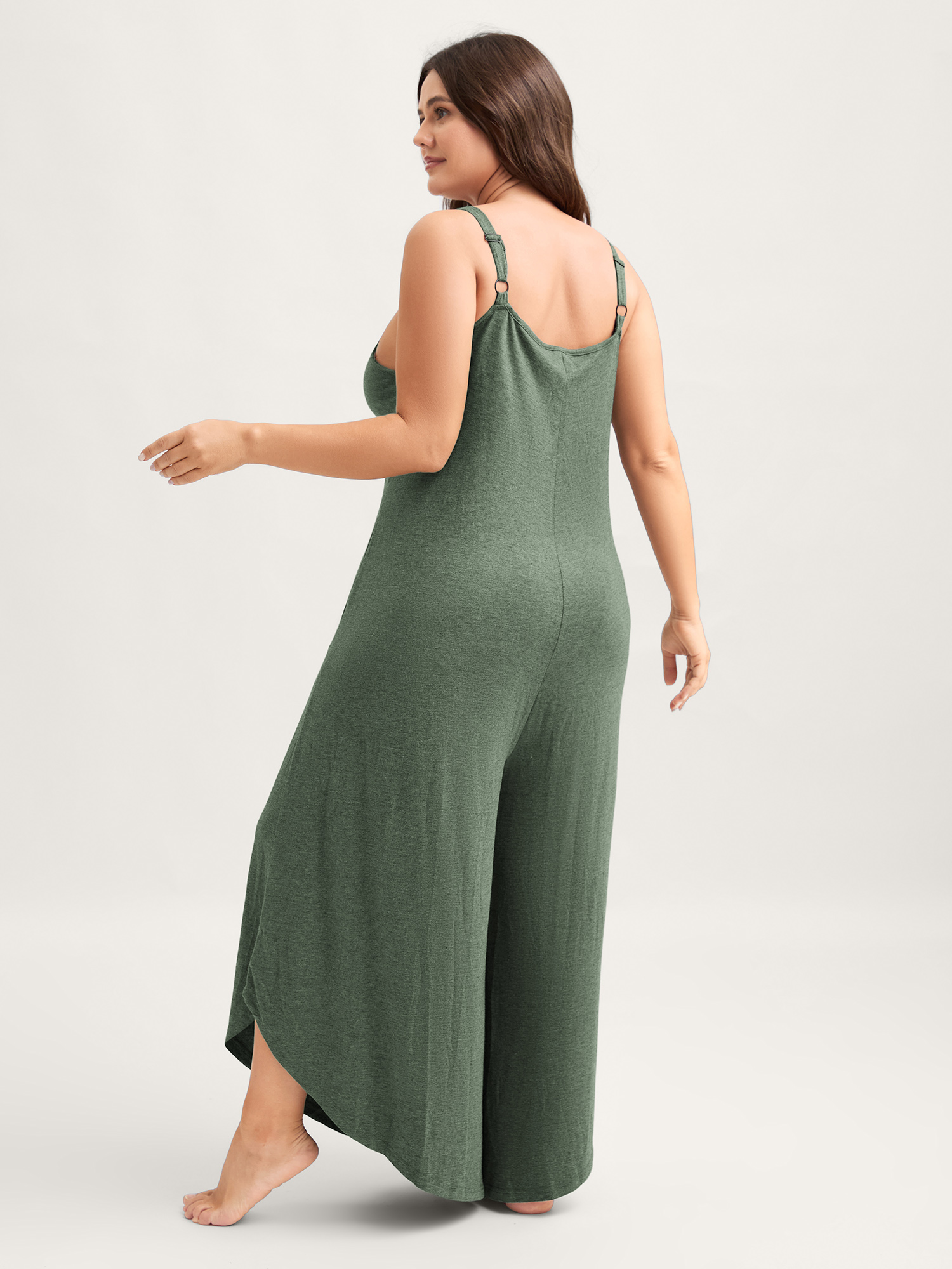 Side view of BloomChic Women's Plus Size Supersoft Wide-Leg Cami Lounge Jumpsuit Sage not graphics Longline 30/6X