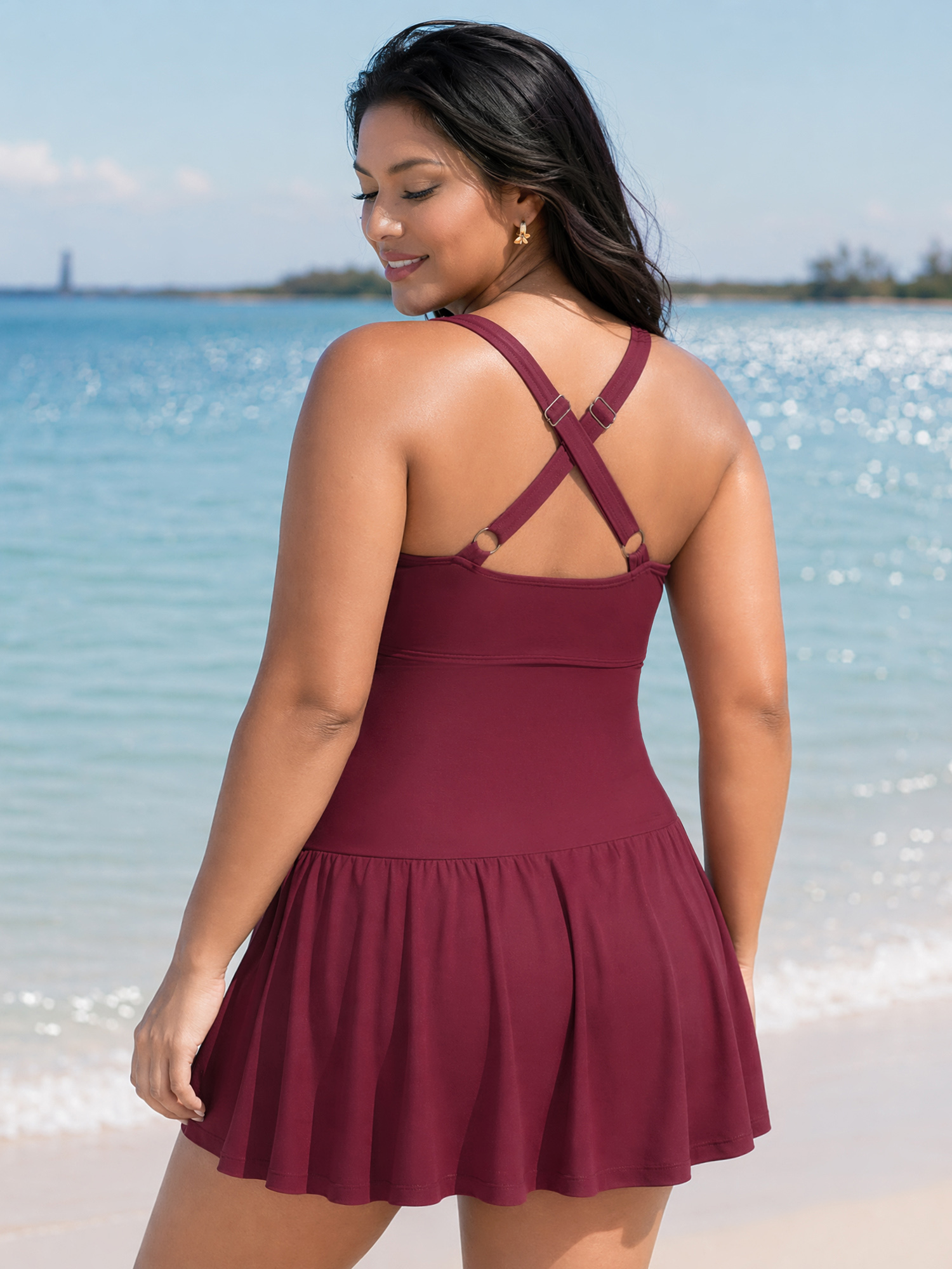 Side view of BloomChic Women's Plus Size Twist-Front Fit And Flare Swim Dress Russet Solid Ruffles Adjustable Straps 10/M