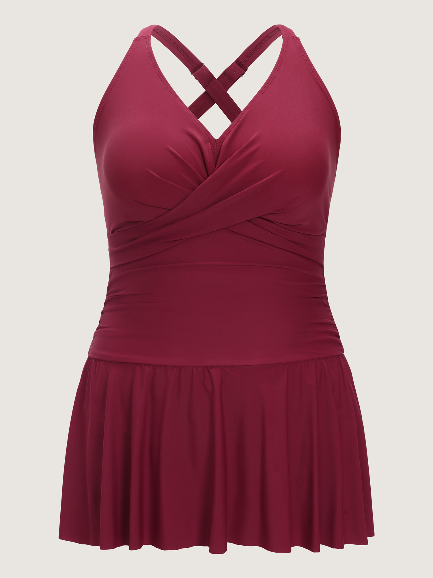Side view of BloomChic Women's Plus Size Twist-Front Fit And Flare Swim Dress Russet Solid Ruffles Adjustable Straps 10/M