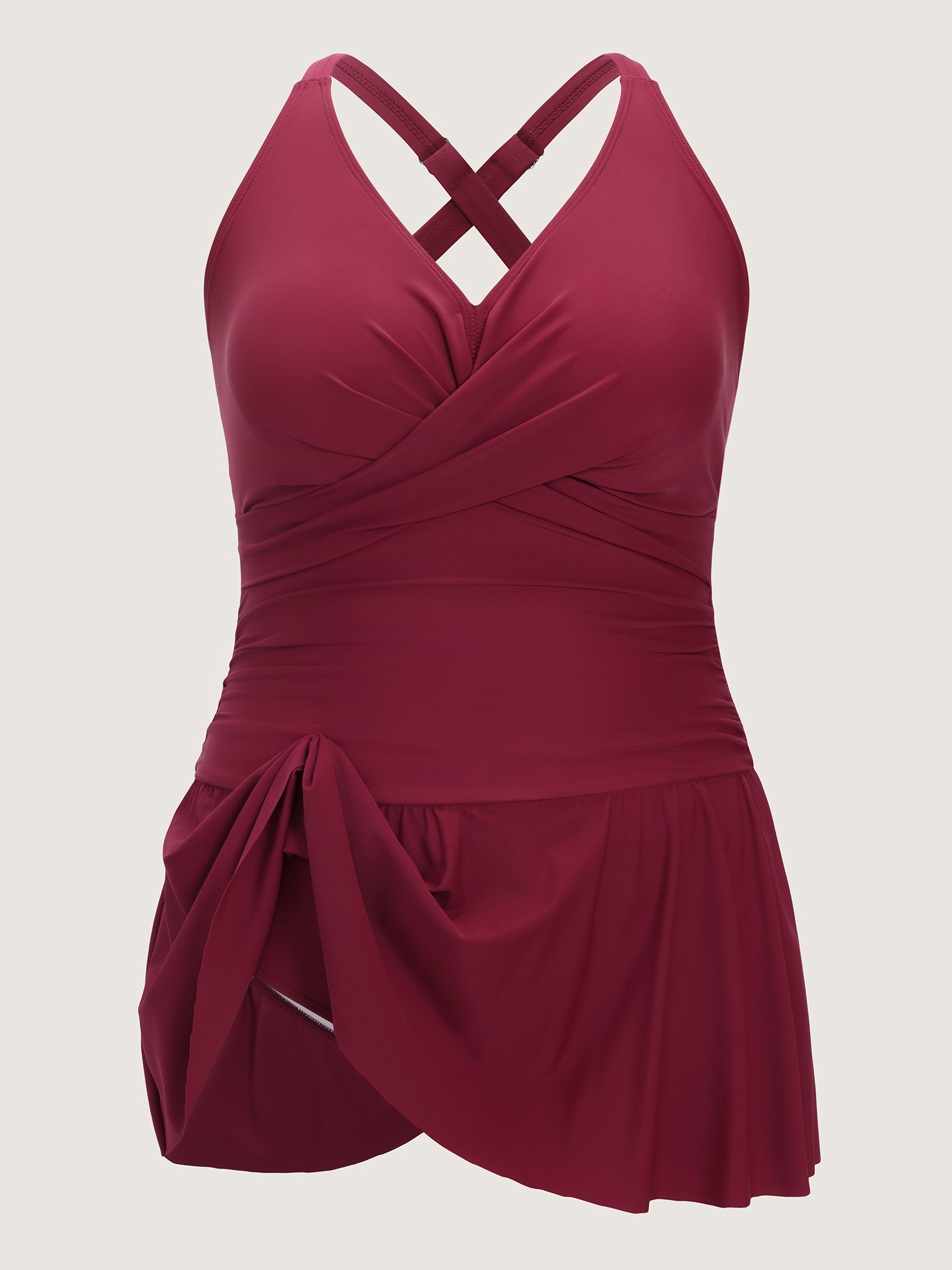 Side view of BloomChic Women's Plus Size Twist-Front Fit And Flare Swim Dress Russet Solid Ruffles Adjustable Straps 10/M