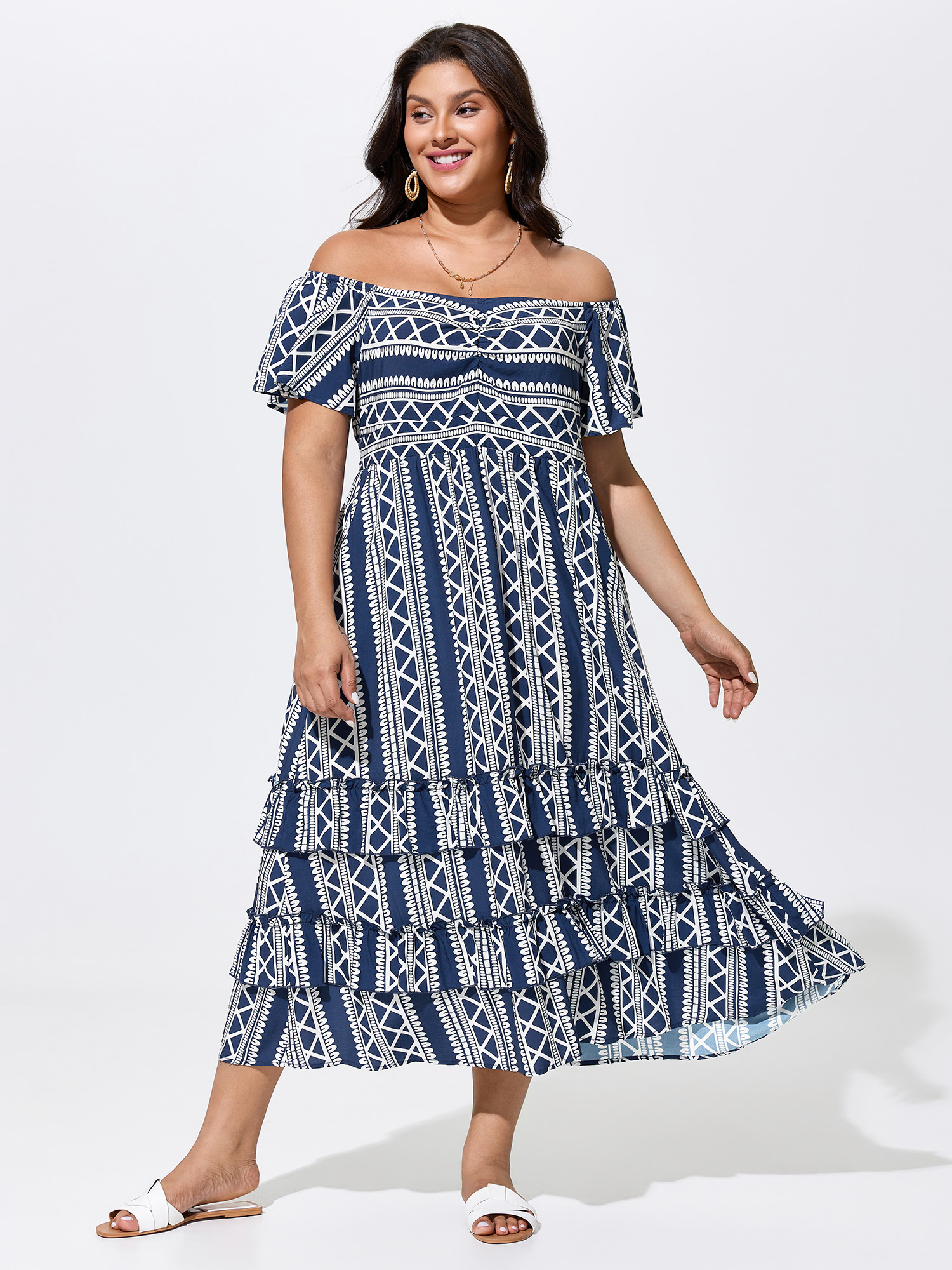 BloomChic Women's Plus Size Boho Floral Print Cold-Shoulder Maxi Dress DarkBlue Ethnic Floral Midi Vacation Tiered 10/M-image-48371110969514
