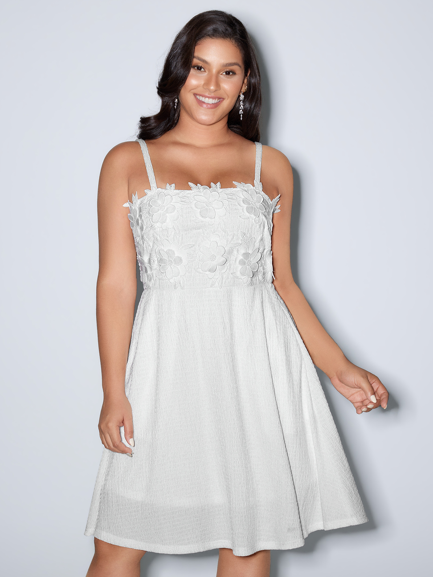 BloomChic Women's Plus Size 3D Floral Applique Square Cami Mini Dress WhiteSmoke Solid Knee Length Occasion Lace Trim 22-24/3X