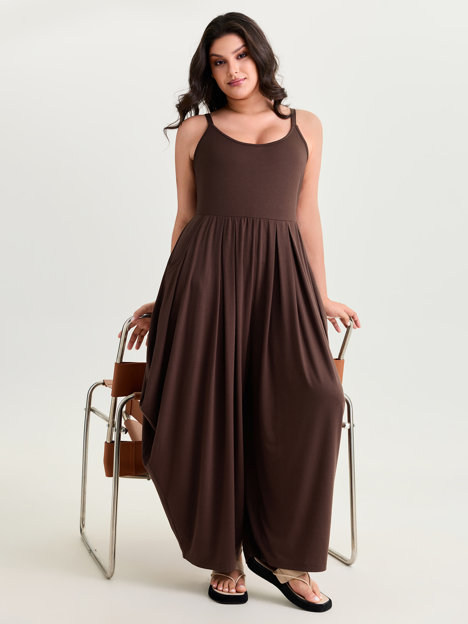 BloomChic Women's Plus Size Stretchy Scoop Neckline Flowy Jumpsuit Browncoffeecolor Casual Relaxed Fit 12/L-image-48410028277930