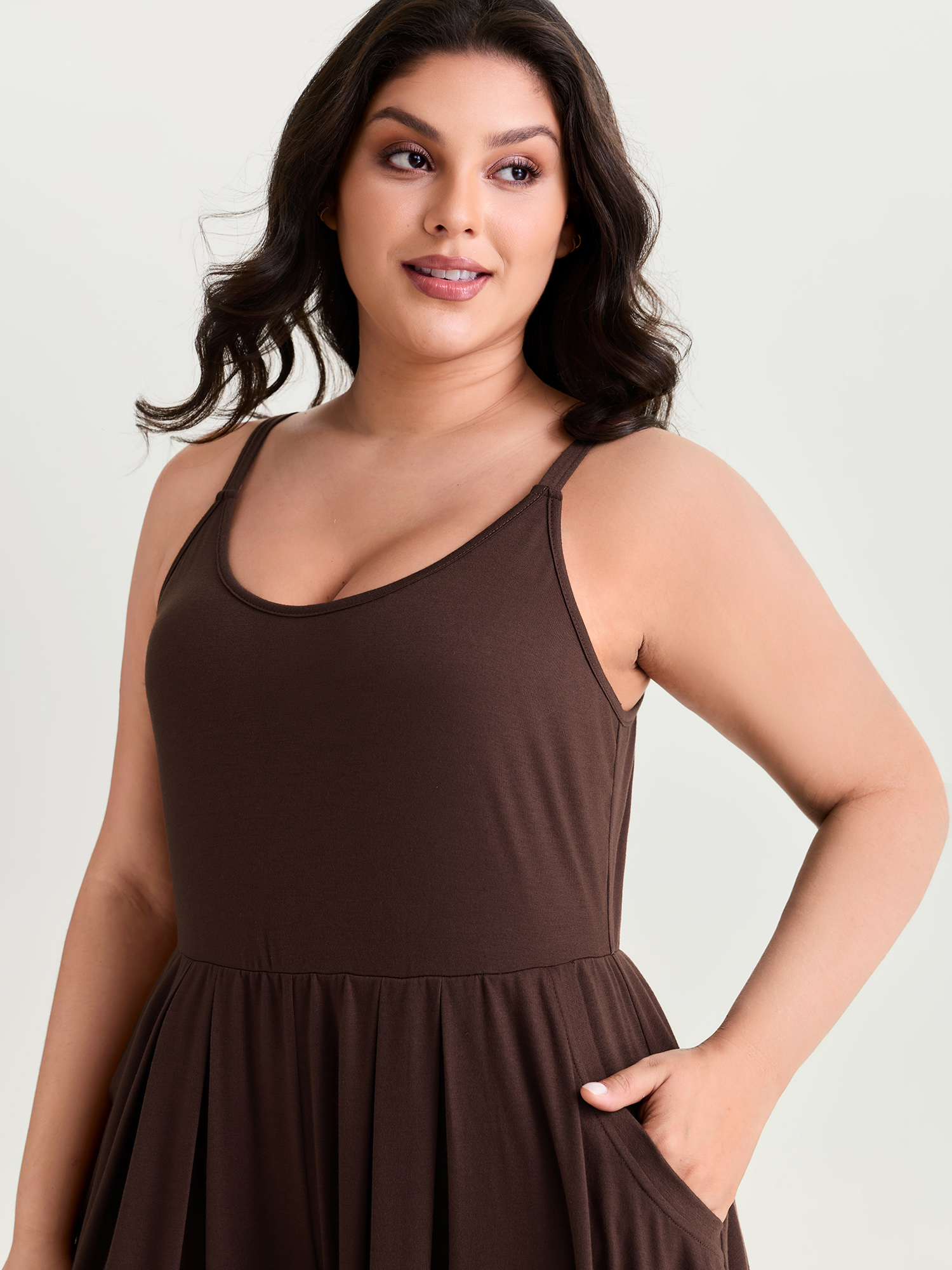 Side view of BloomChic Women's Plus Size Stretchy Scoop Neckline Flowy Jumpsuit Browncoffeecolor Casual Relaxed Fit 22-24/3X