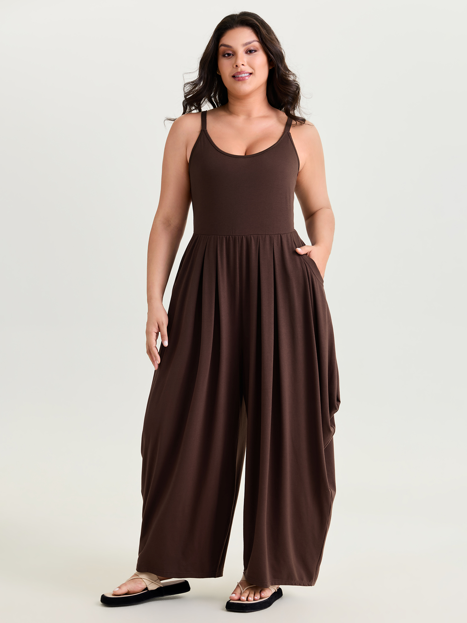 Side view of BloomChic Women's Plus Size Stretchy Scoop Neckline Flowy Jumpsuit Browncoffeecolor Casual Relaxed Fit 22-24/3X