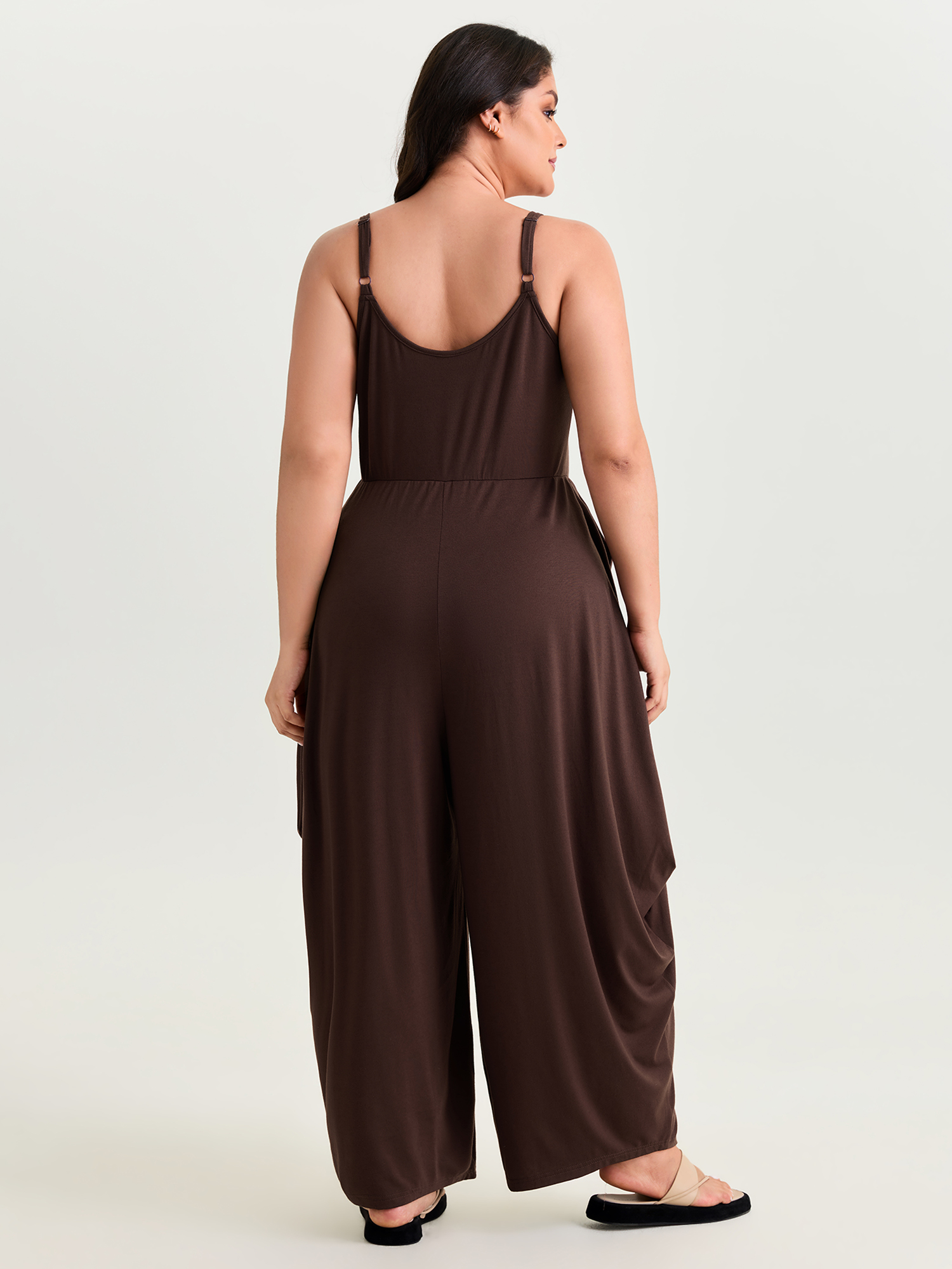Side view of BloomChic Women's Plus Size Stretchy Scoop Neckline Flowy Jumpsuit Browncoffeecolor Casual Relaxed Fit 22-24/3X