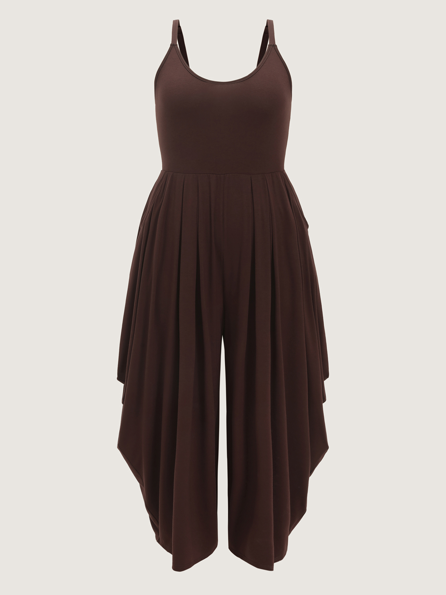 Side view of BloomChic Women's Plus Size Stretchy Scoop Neckline Flowy Jumpsuit Browncoffeecolor Casual Relaxed Fit 22-24/3X