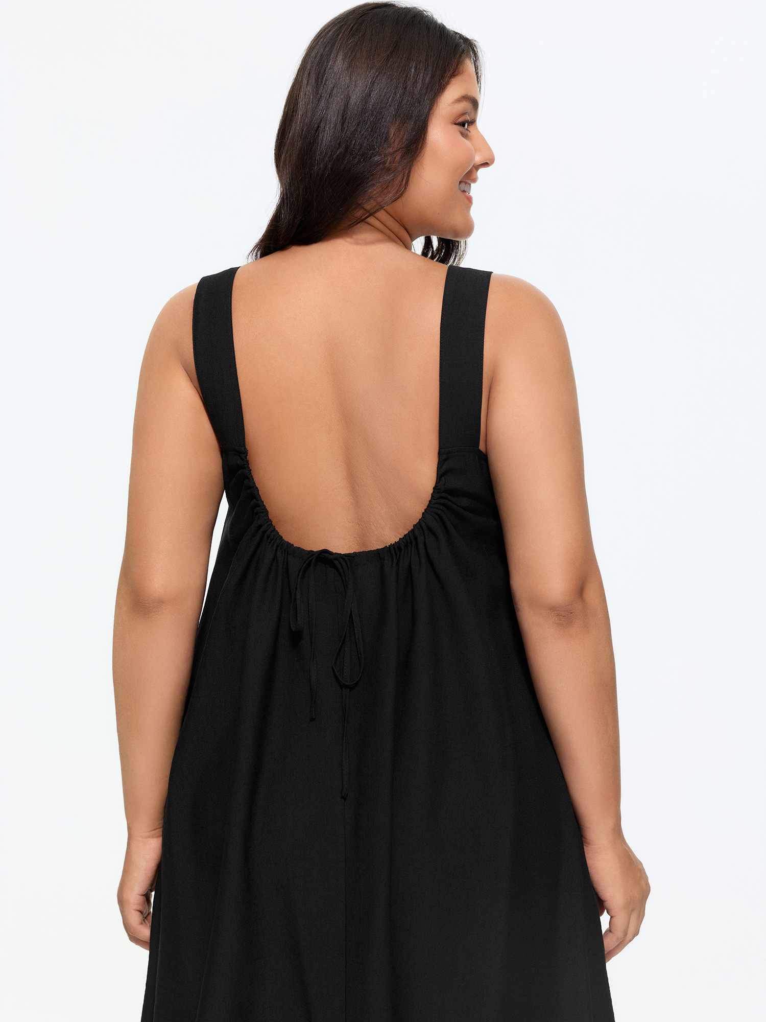BloomChic Women's Plus Size Square Neck Backless Drawstring Midi Dress Black Solid Maxi Everyday-Casual 10/M